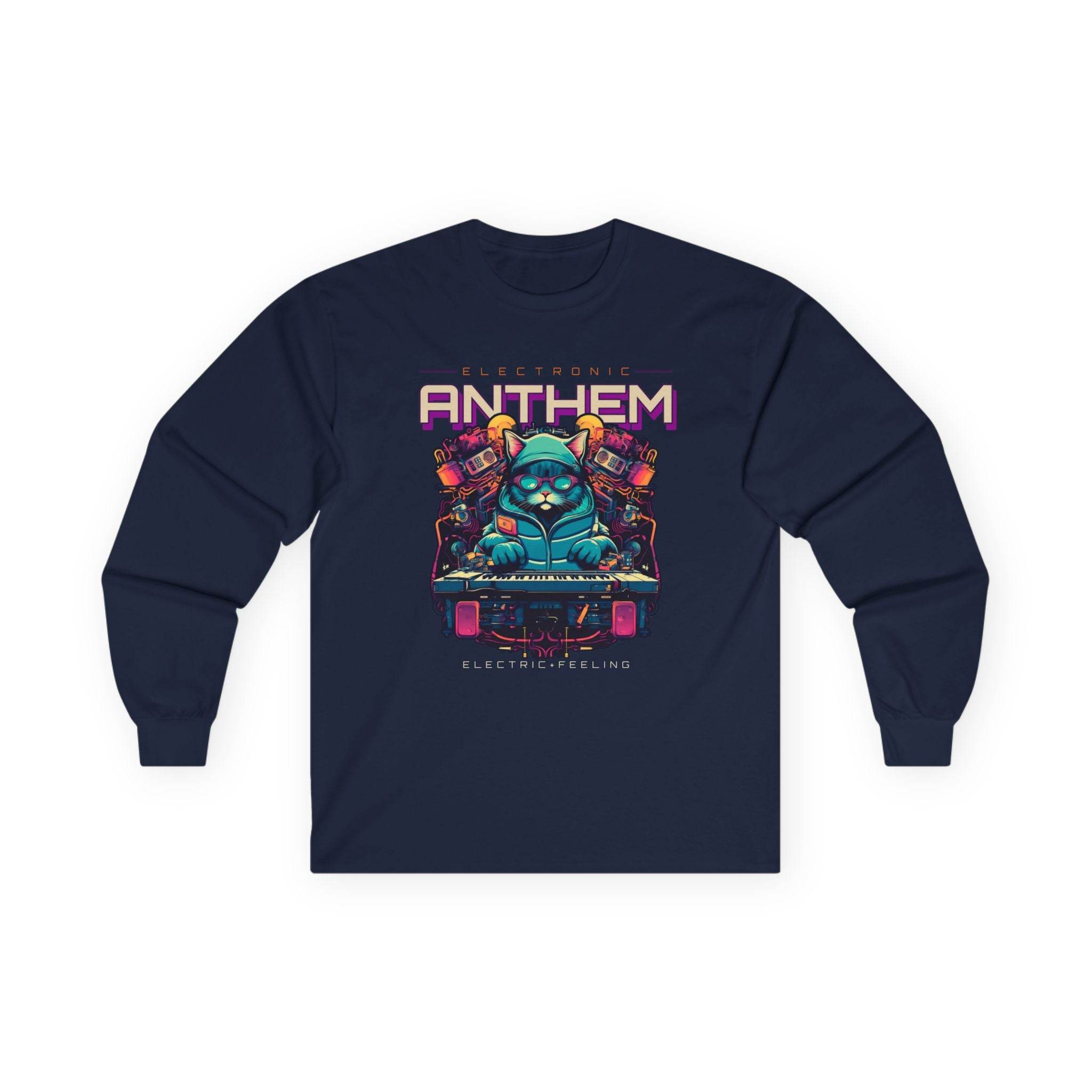 Printify unisex eco-friendly long sleeve tee in navy with colorful electronic anthem graphic