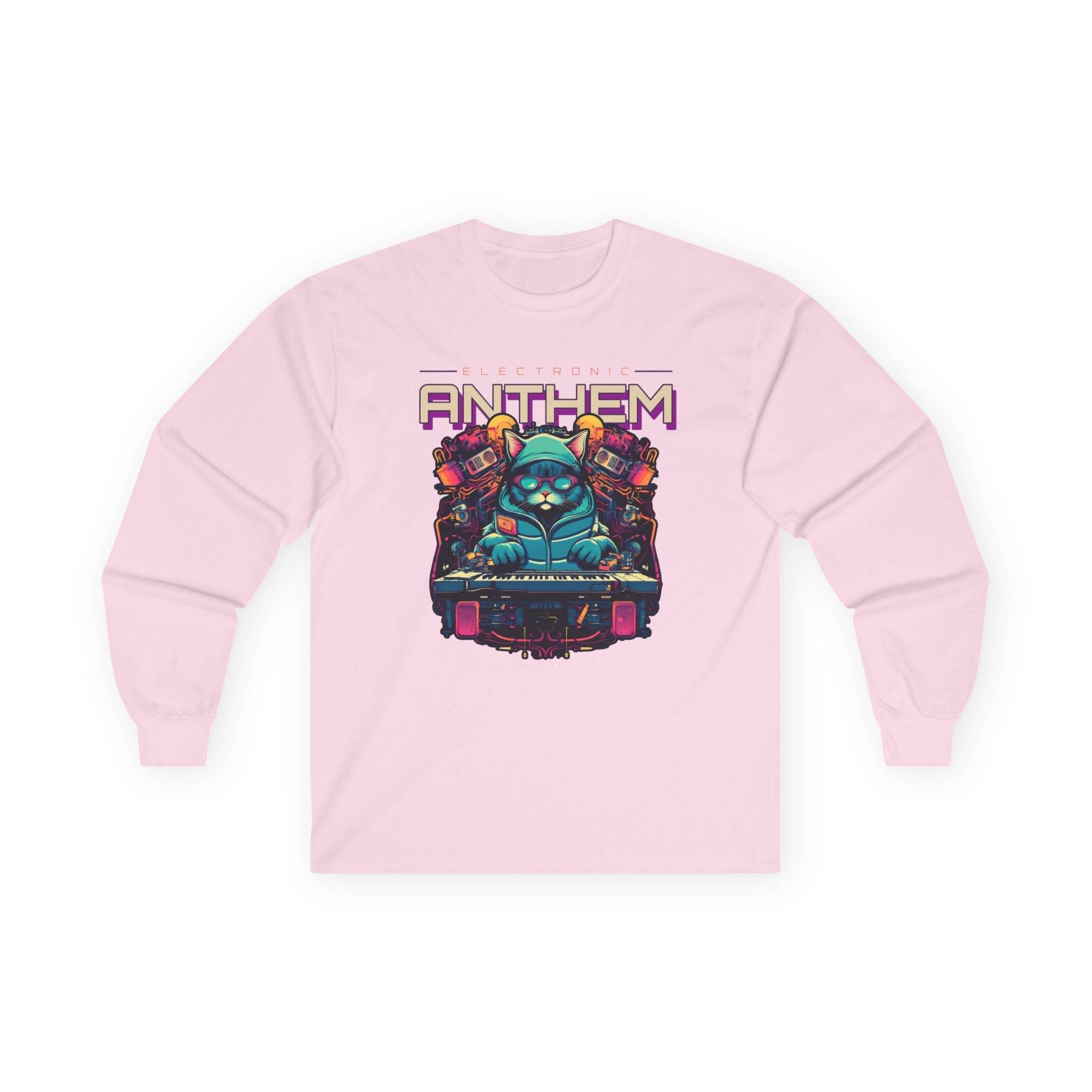 Printify unisex eco-friendly long sleeve tee in light pink with colorful electronic anthem graphic