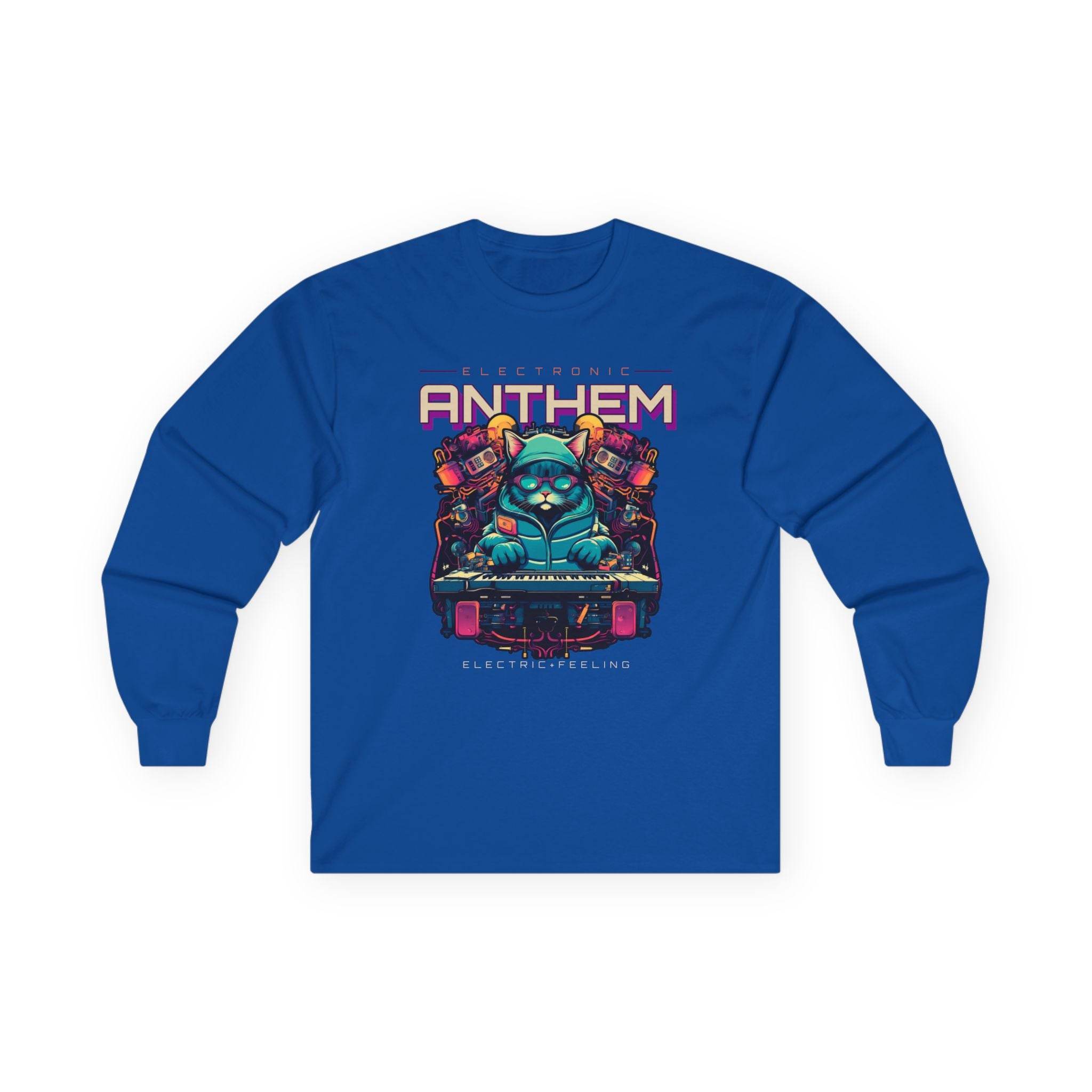 Printify unisex eco-friendly long sleeve tee in blue with electronic anthem graphic design