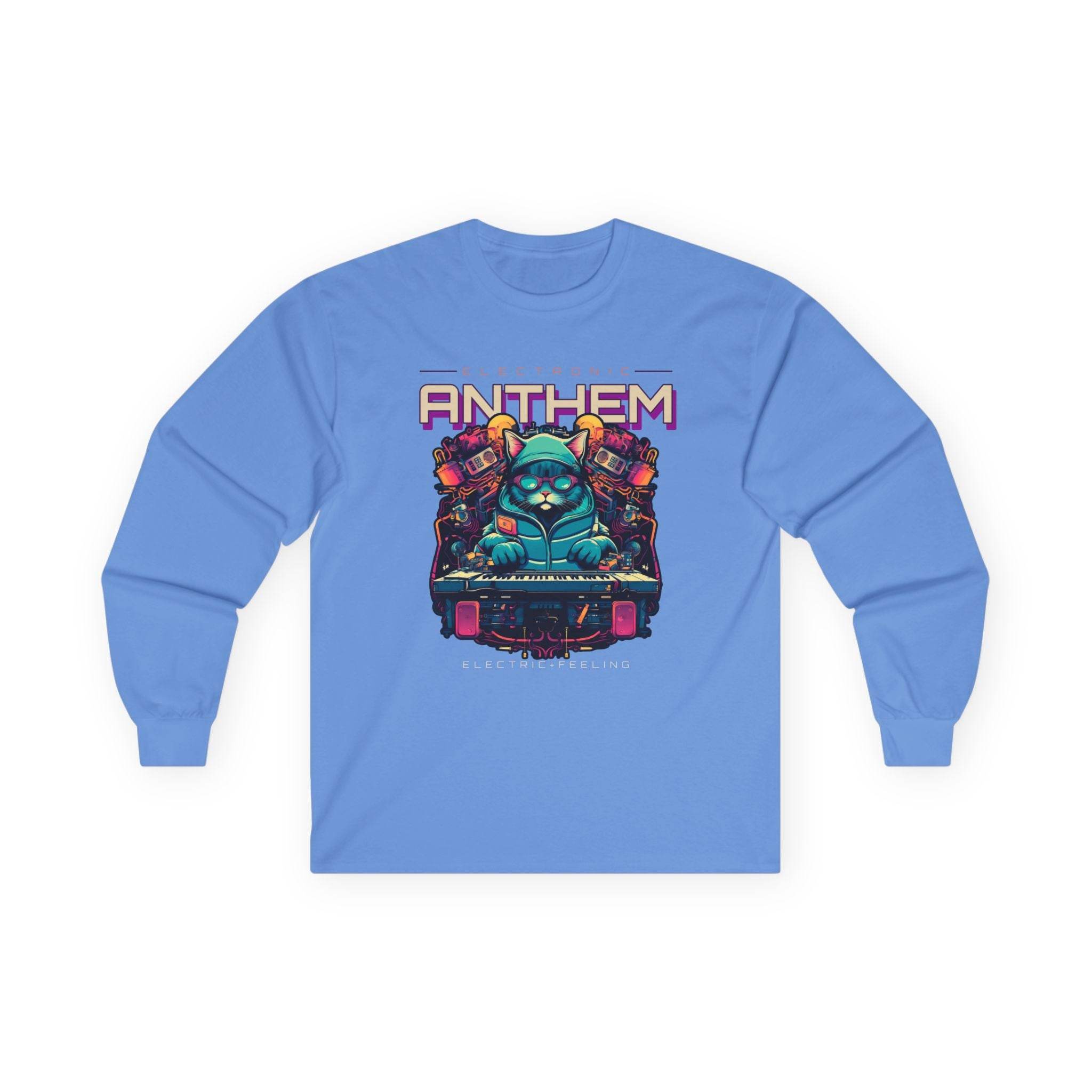 Printify unisex eco-friendly long sleeve tee in blue with colorful graphic design on front