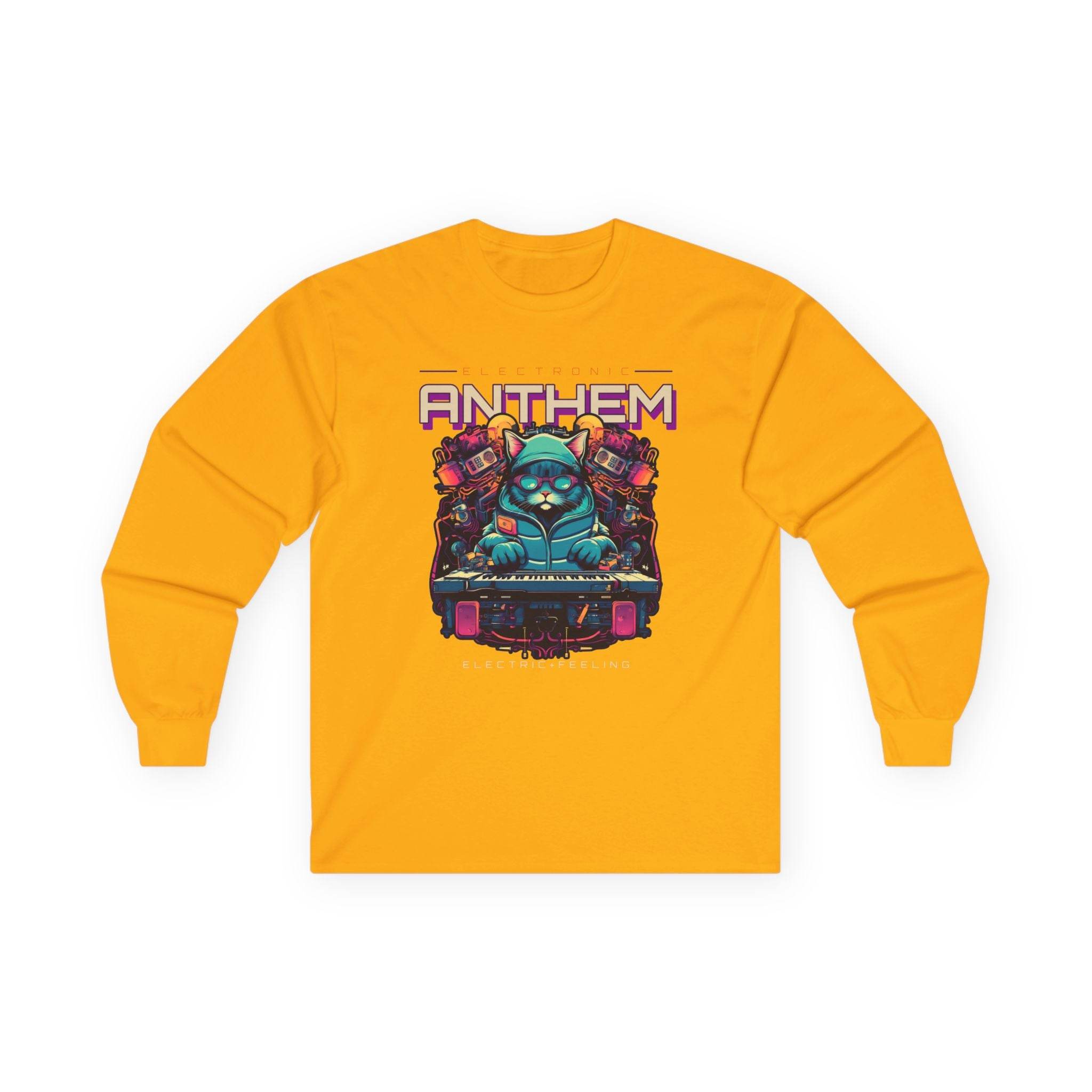Yellow unisex eco-friendly long sleeve tee with colorful Anthem graphic print on front