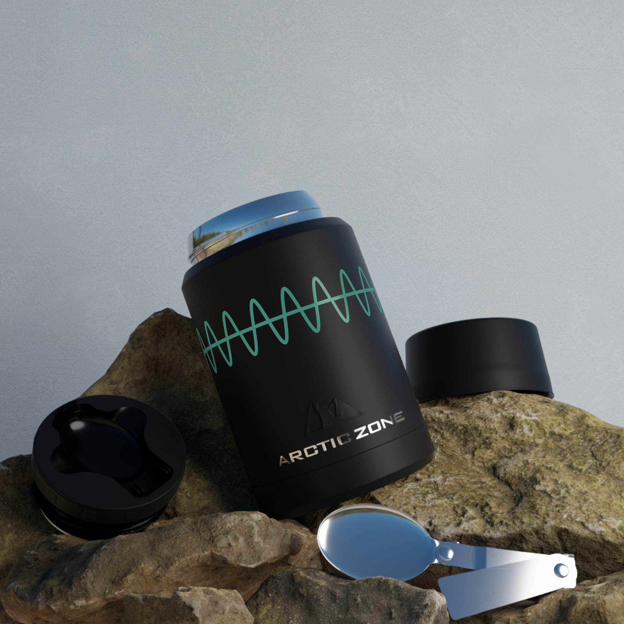 Printify black Arctic Zone eco-friendly insulated food storage container with lids and foldable spoon on rocks