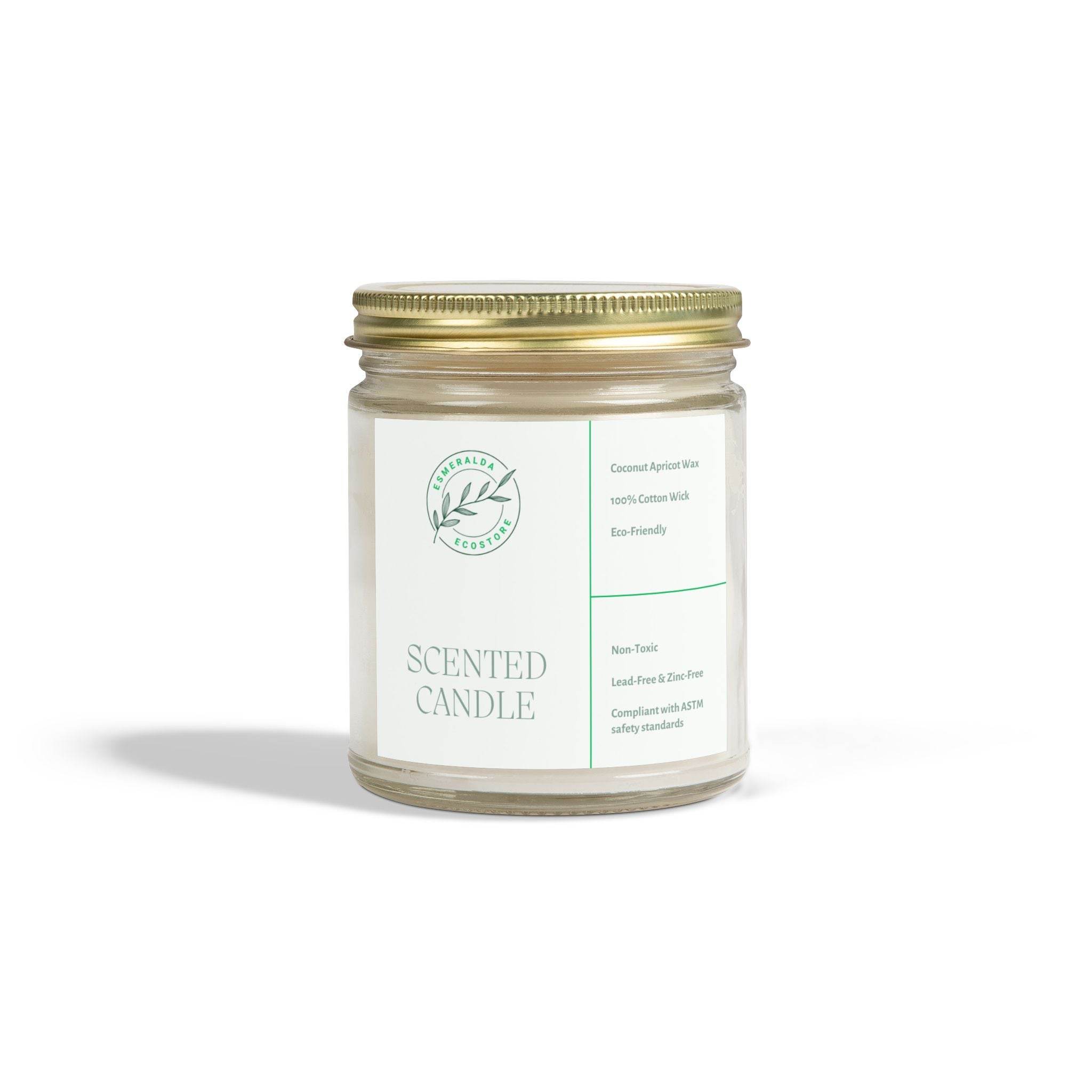Printify aromatic glow eco candle in a glass jar with gold lid and eco-friendly scent label