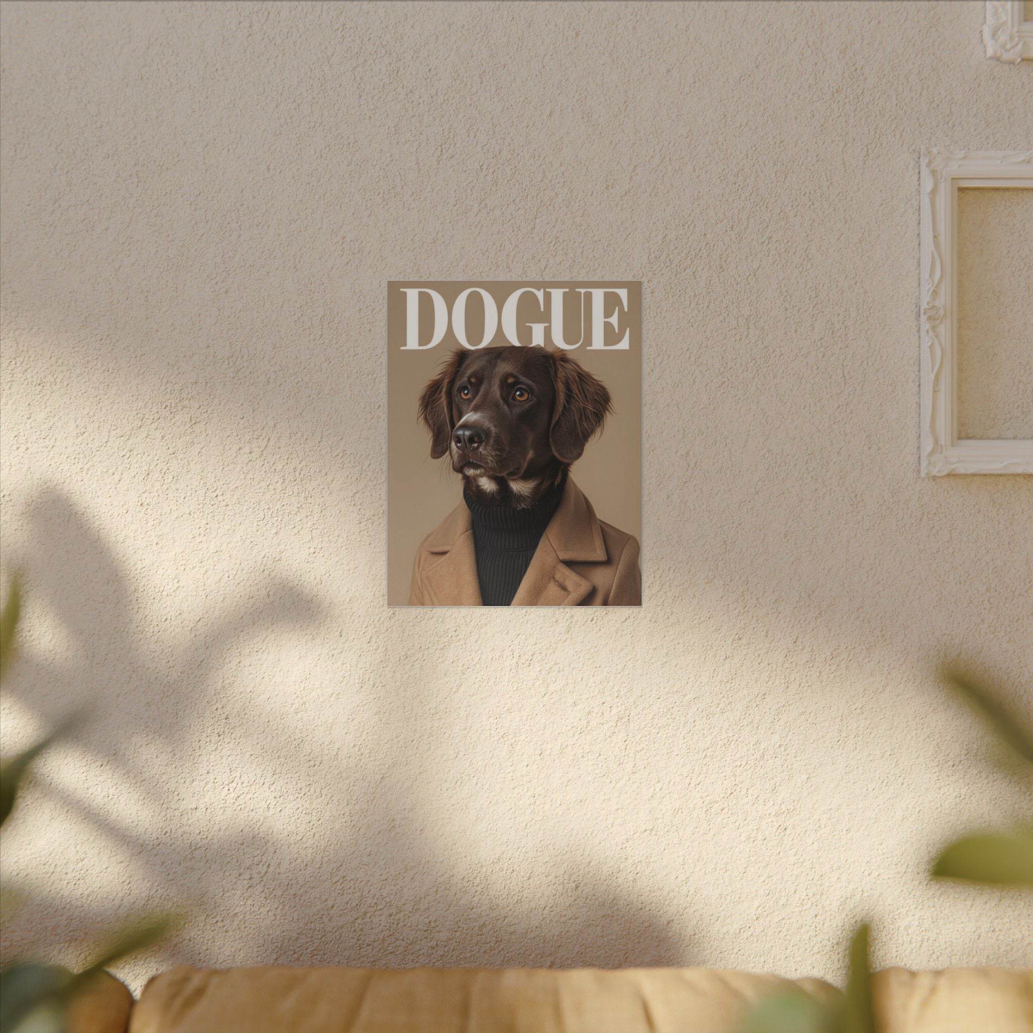 eco-friendly dog art print on Printify canvas showing a stylish brown dog portrait wearing a coat
