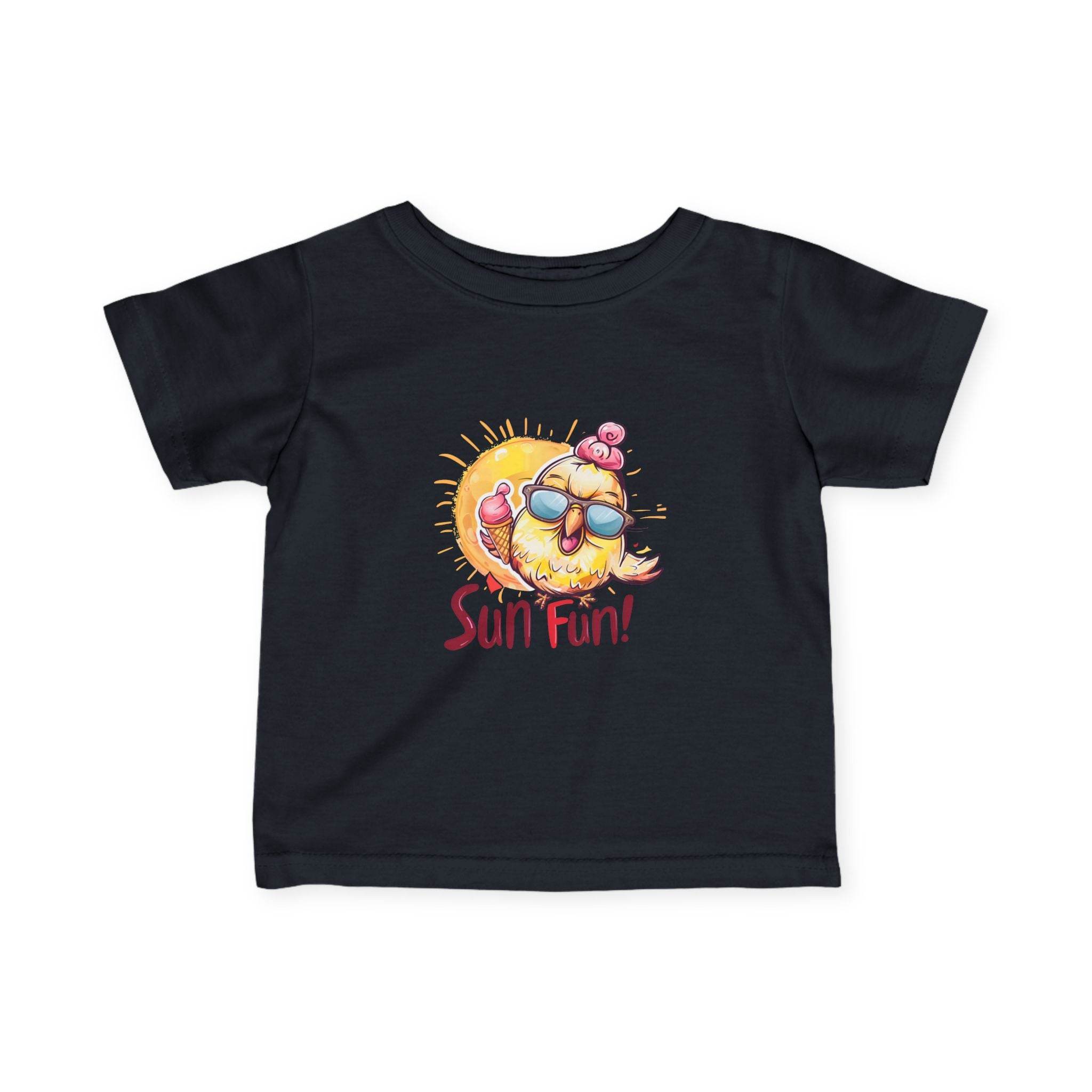 Printify baby summer jersey shirt in black with colorful sun and ice cream graphic and Sun Fun text
