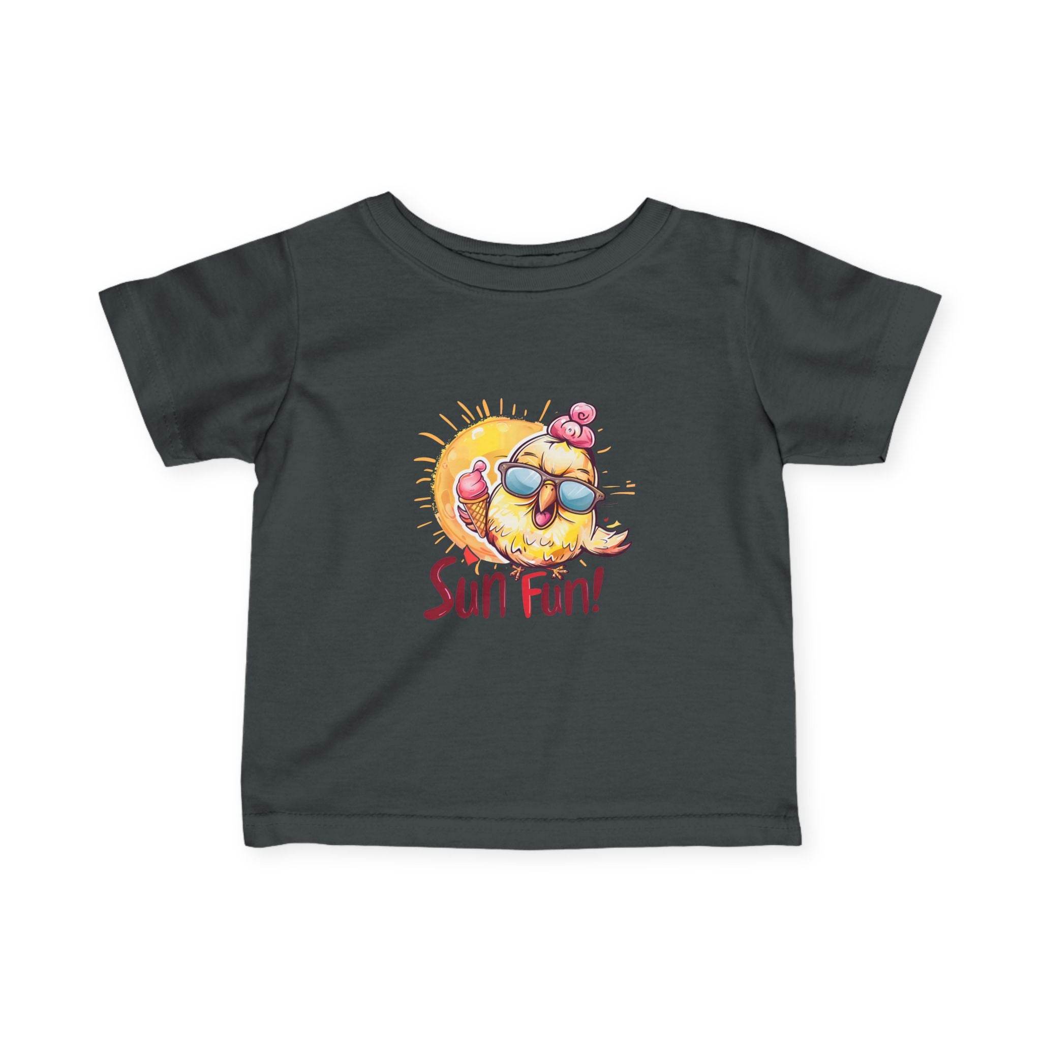 Black baby summer jersey shirt with fun sun and chick graphic and Sun Fun text
