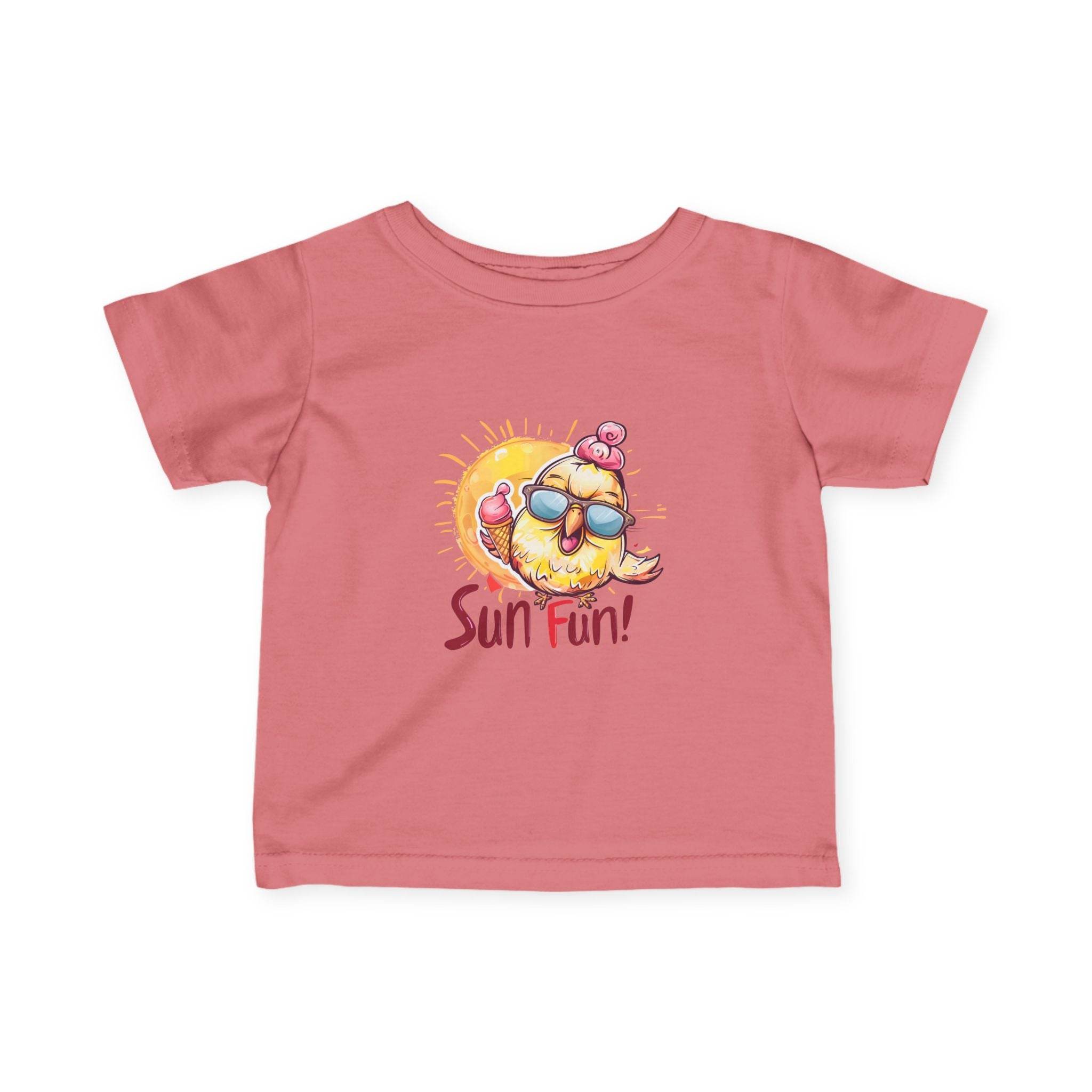 Pink baby summer jersey shirt with fun sun and bird graphic from Printify