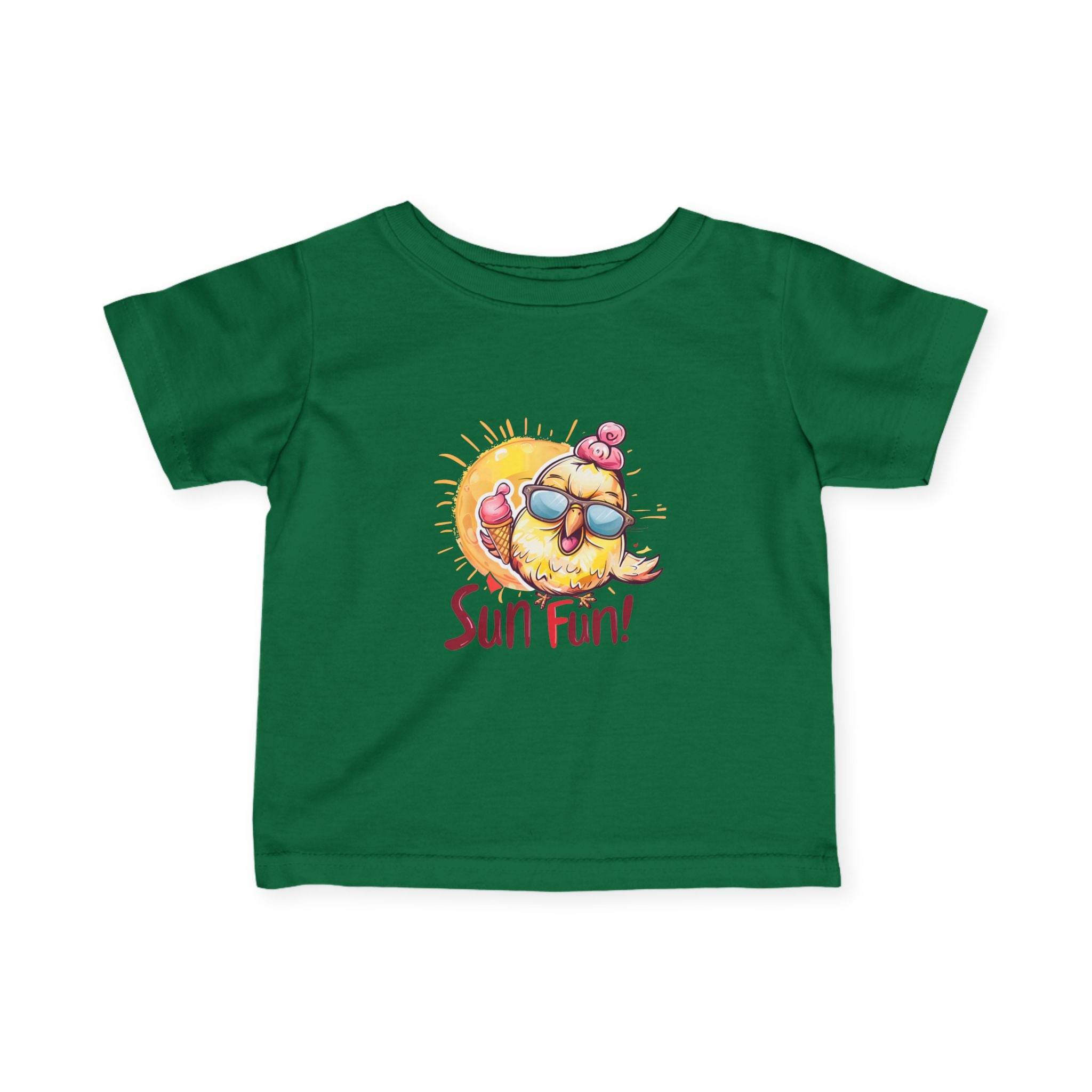 Green baby summer jersey shirt with sun and sunglasses cartoon design and Sun Fun text