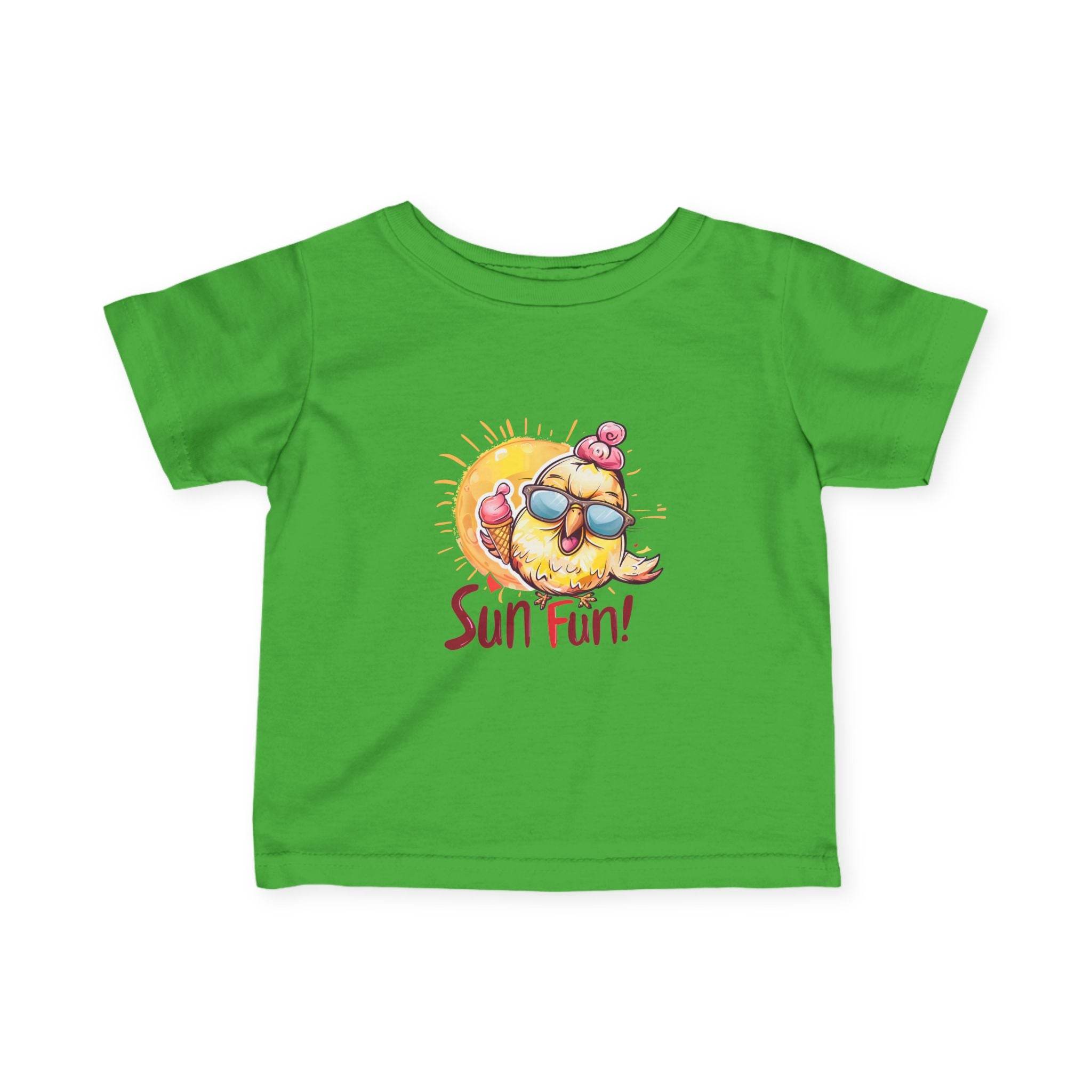 Green baby summer jersey shirt by Printify with fun sun and ice cream graphic and Sun Fun text
