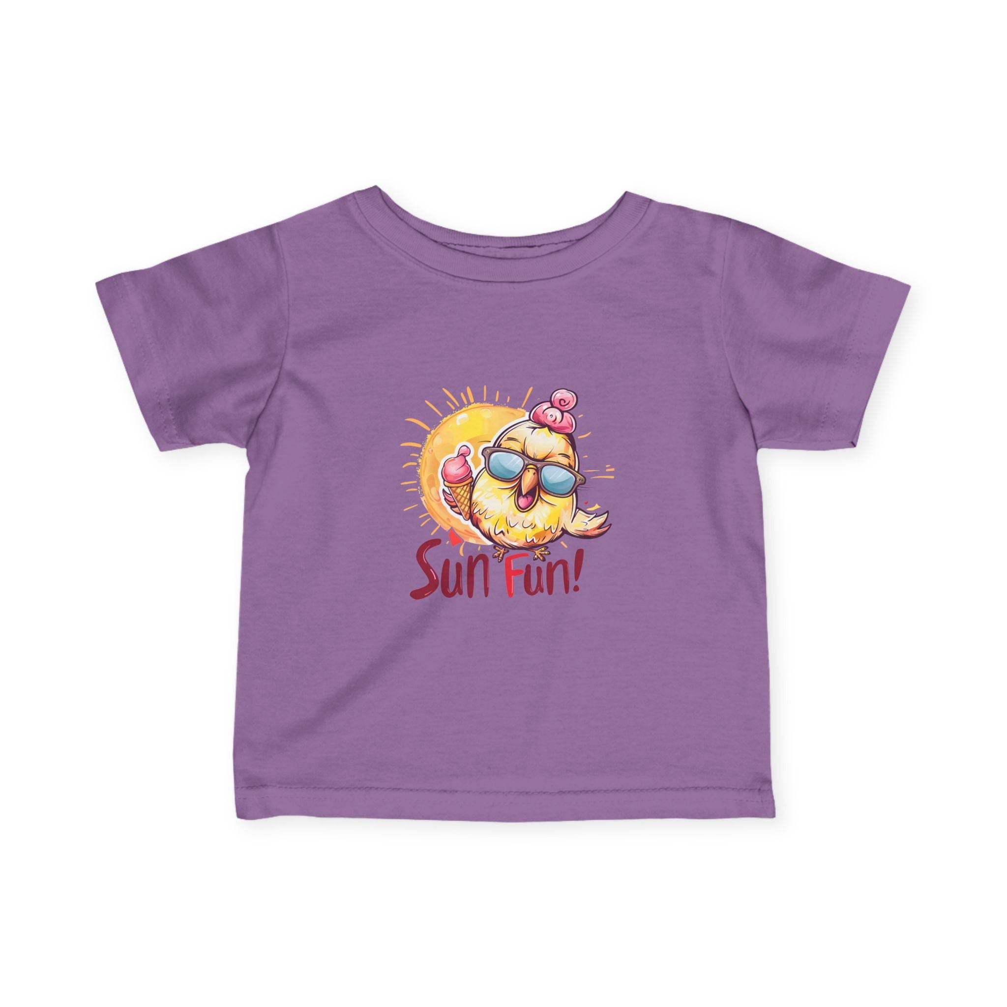 Purple baby summer jersey shirt with sun fun chicken graphic and sunglasses design