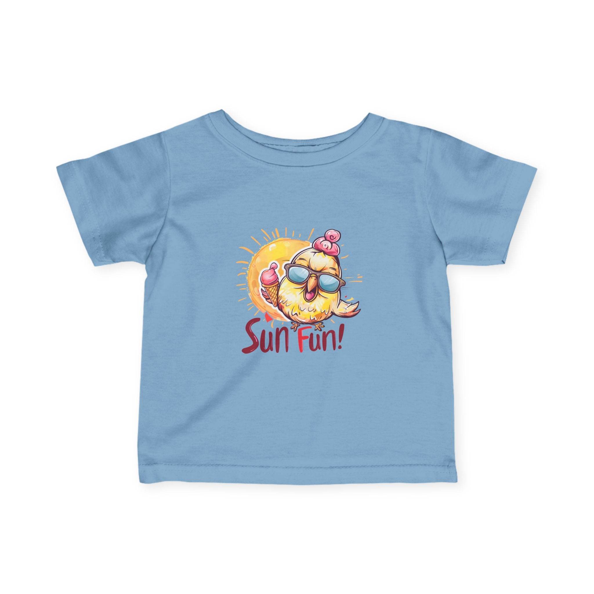 Printify baby summer jersey shirt in light blue with cute sun and ice cream graphic and Sun Fun text