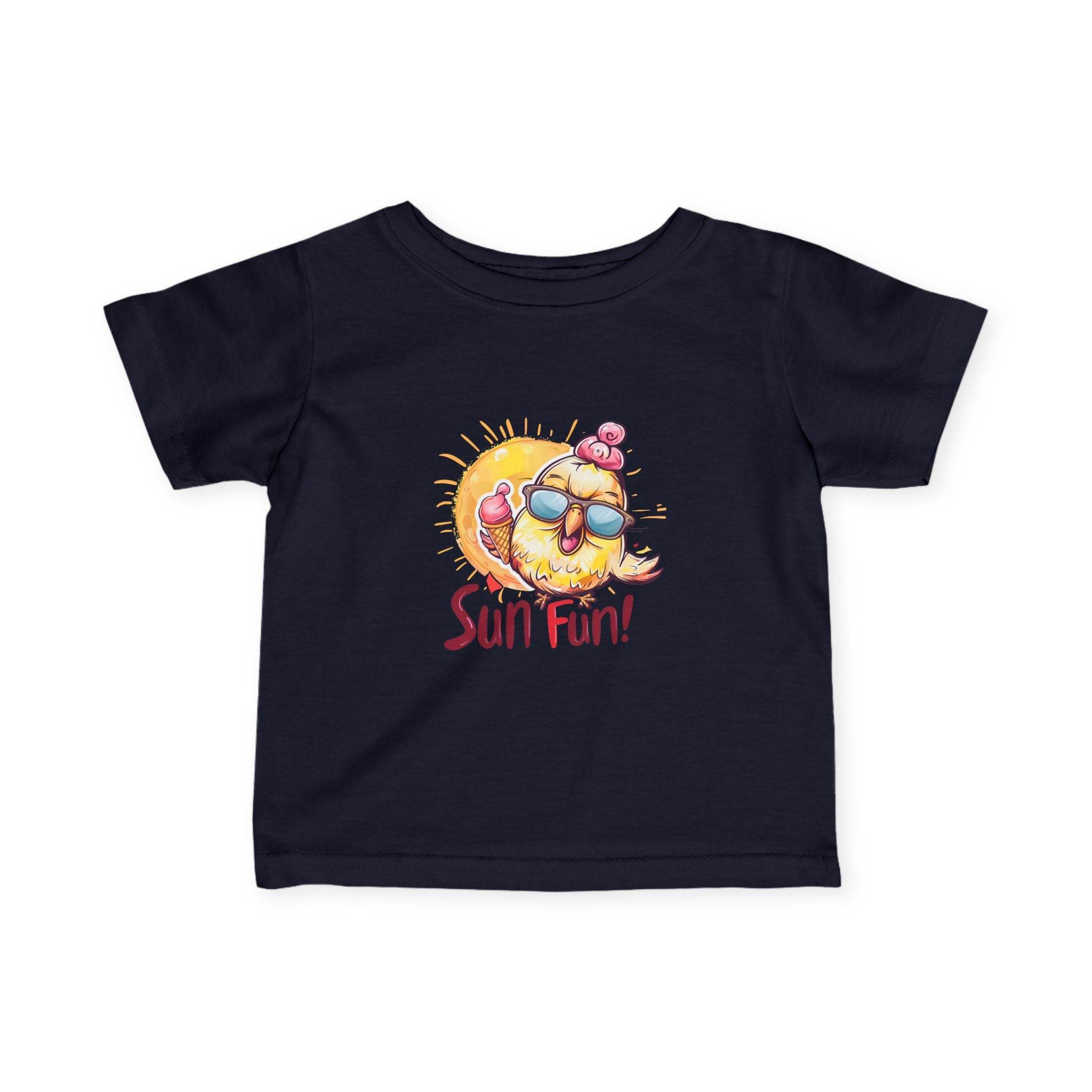 Printify baby summer jersey shirt in navy with sun and ice cream graphic and Sun Fun text