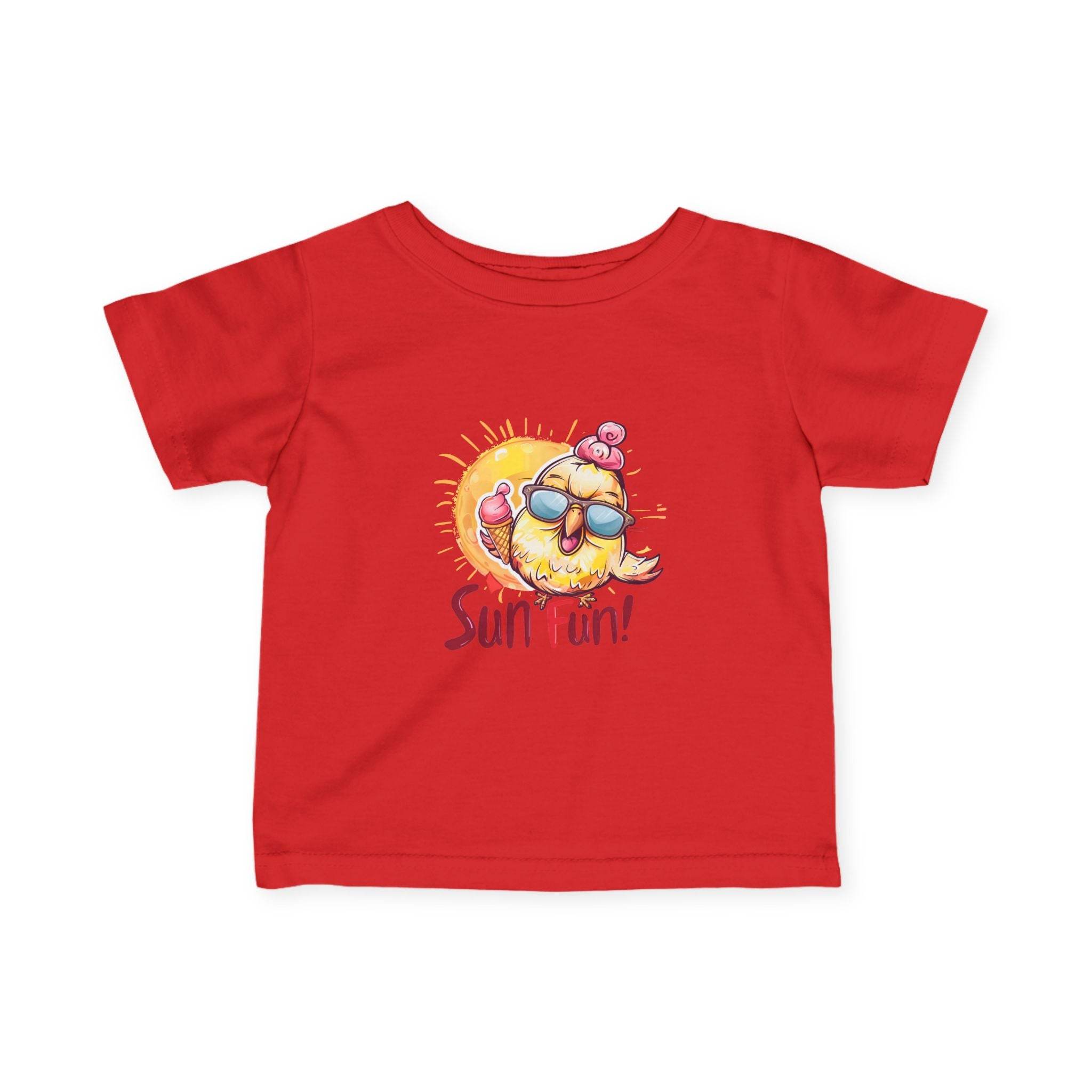 Red baby summer jersey shirt with fun sun graphic and sunglasses for playful summer wear