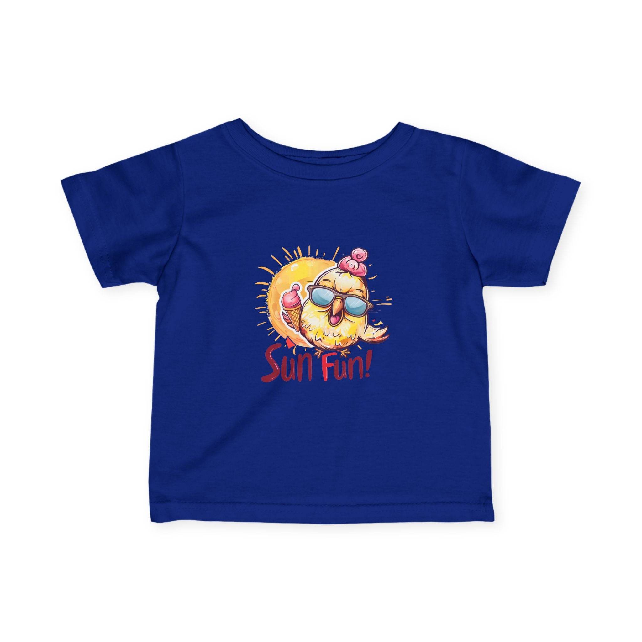 Blue baby summer jersey shirt with cute sun and ice cream graphic and Sun Fun text