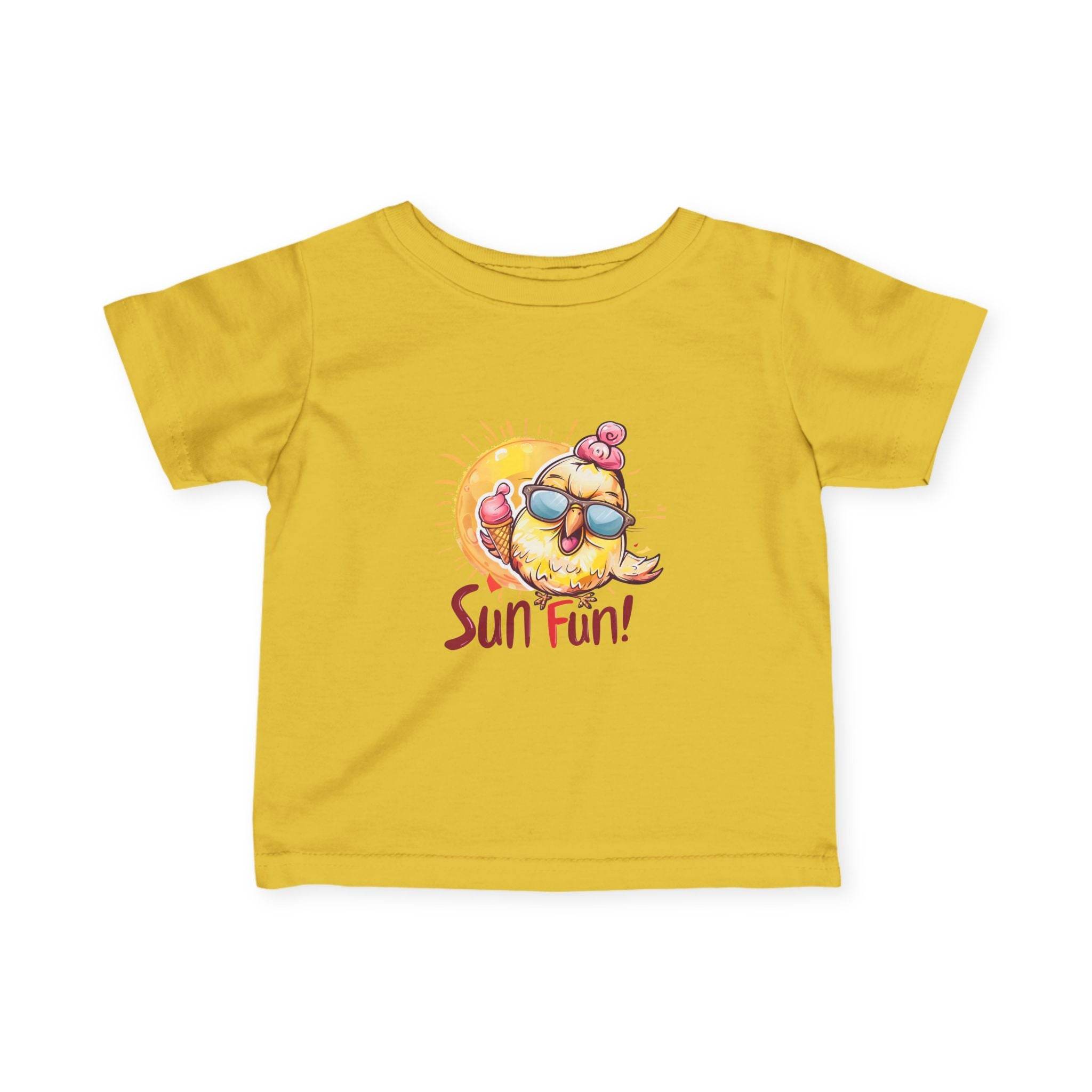 Yellow baby summer jersey shirt with cute sunglasses chick and Sun Fun text print
