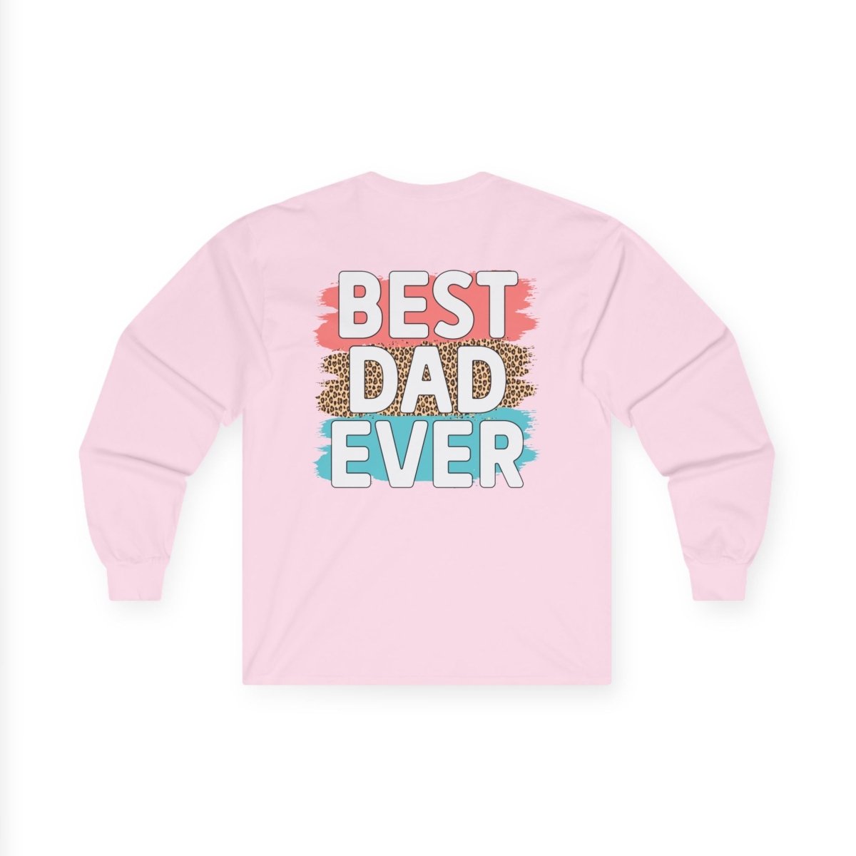 Pink long-sleeve shirt featuring 'best dad ever' graphic with leopard print accents