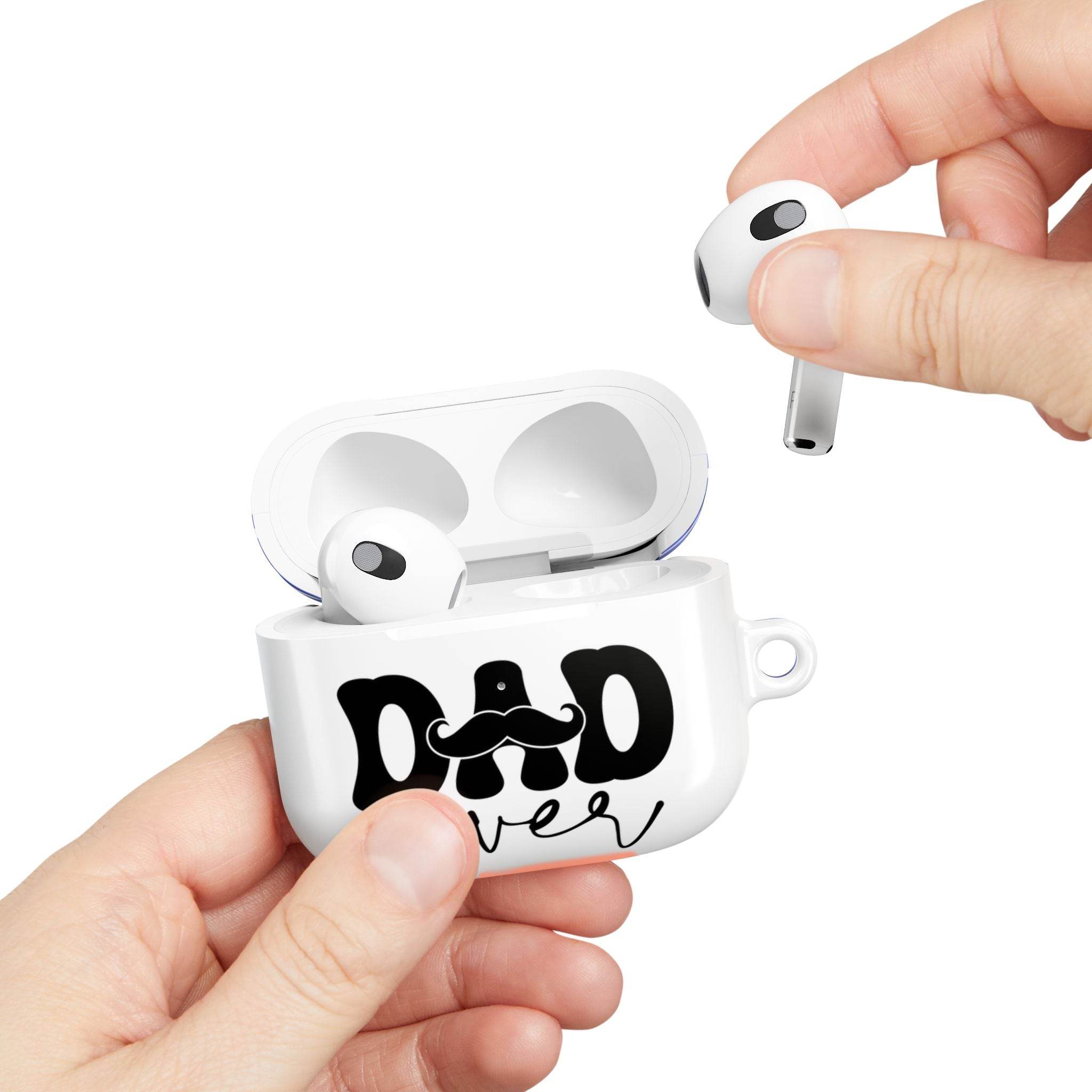 Printify sustainable airpod cases with dad design held in hand with AirPods being removed from case