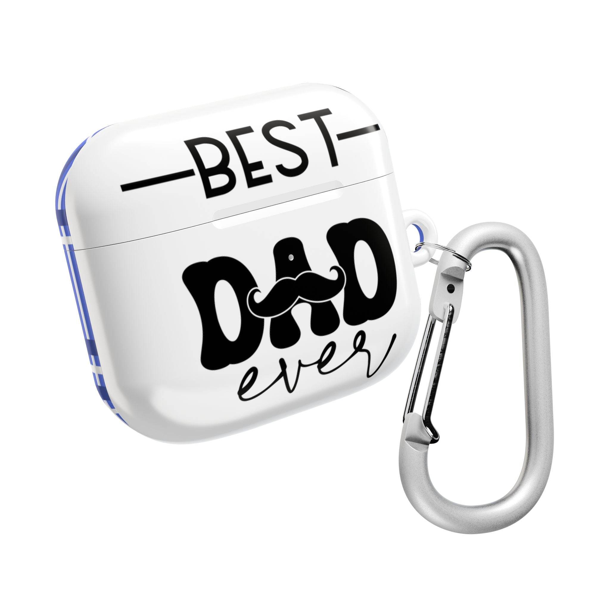 Printify Best Dad Ever sustainable airpod cases with white design and attached silver carabiner clip