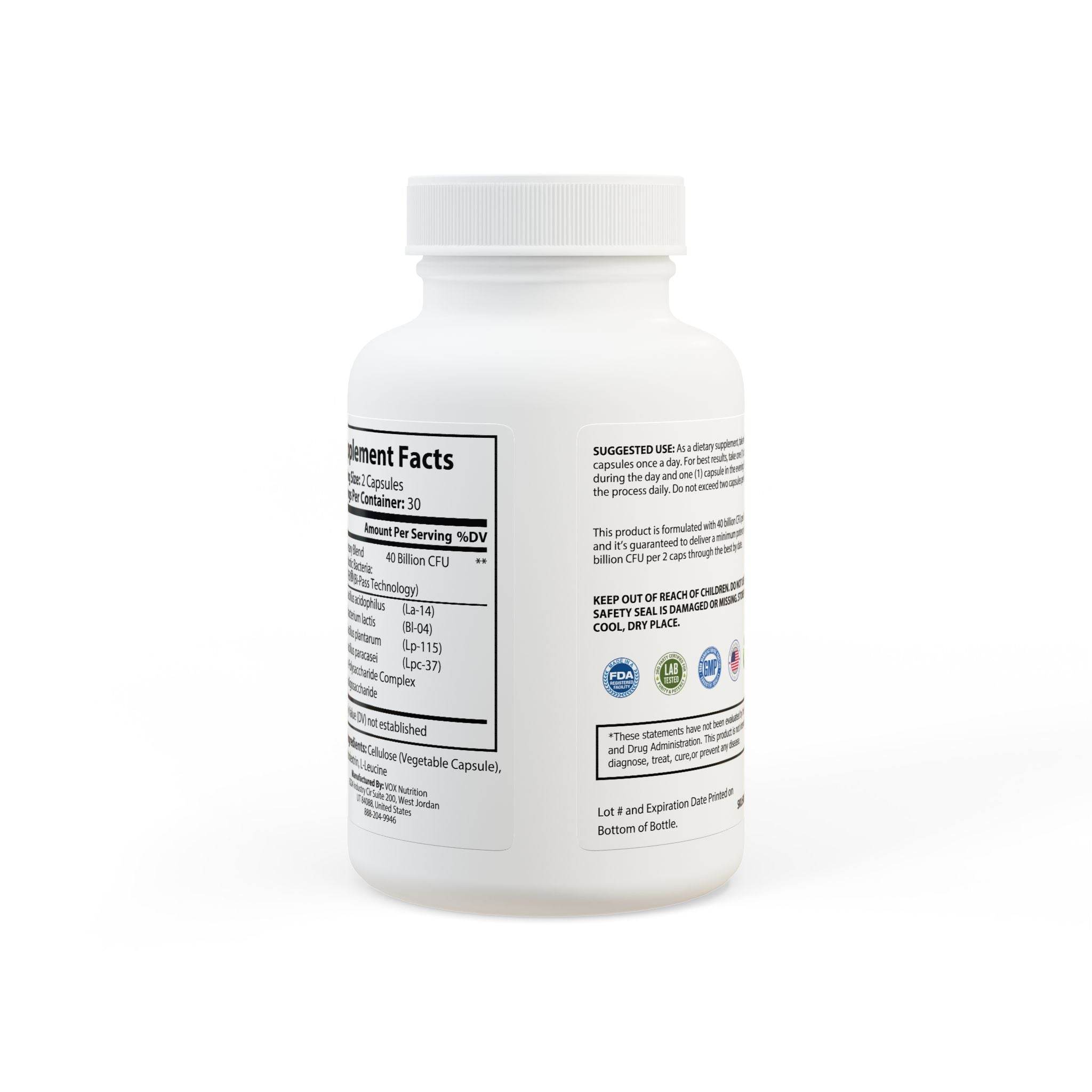 White bottle of BioFlora probiotic capsules supplement with nutrition facts and usage instructions label