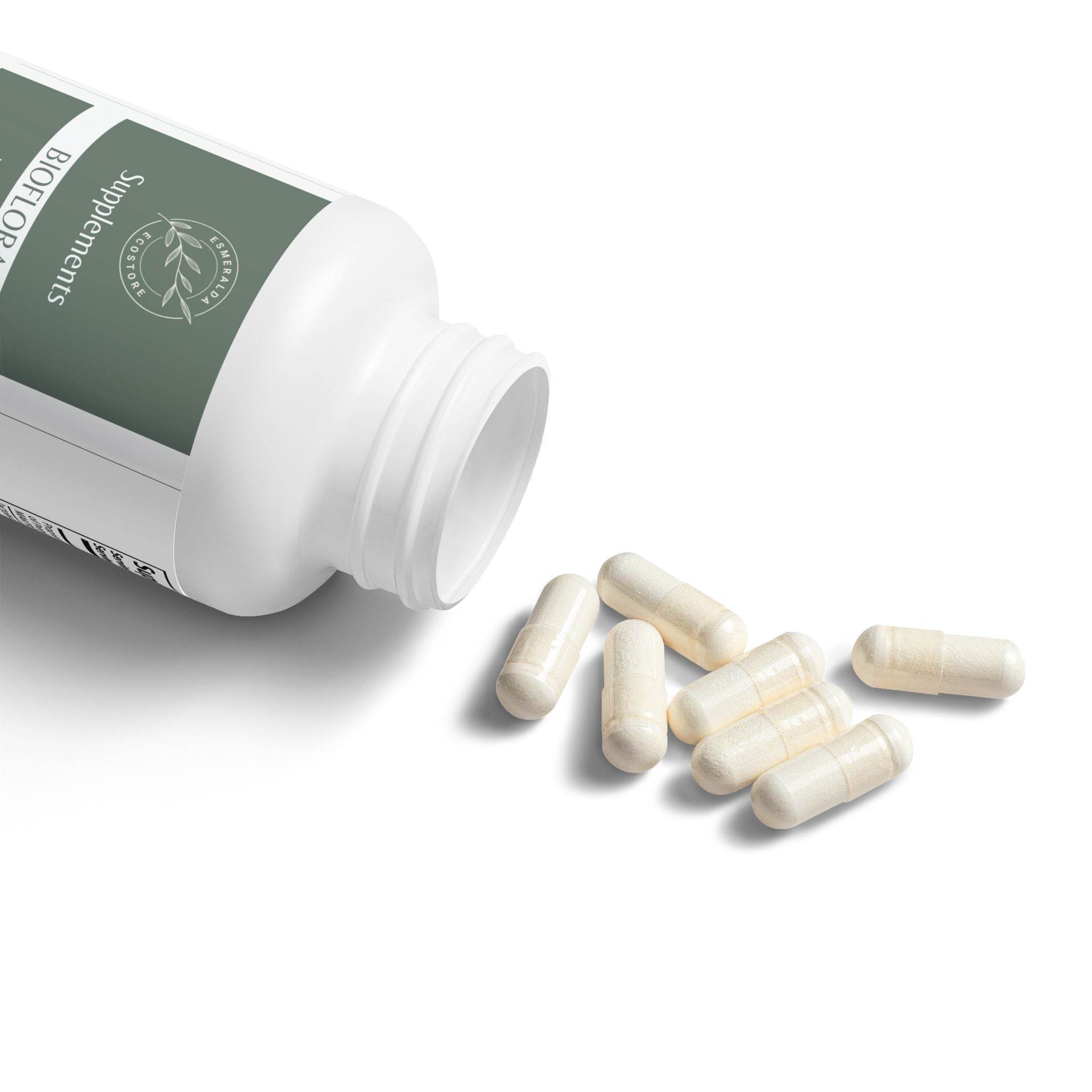 Open bottle of Printify BioFlora probiotic capsules with several white capsules spilled on white surface