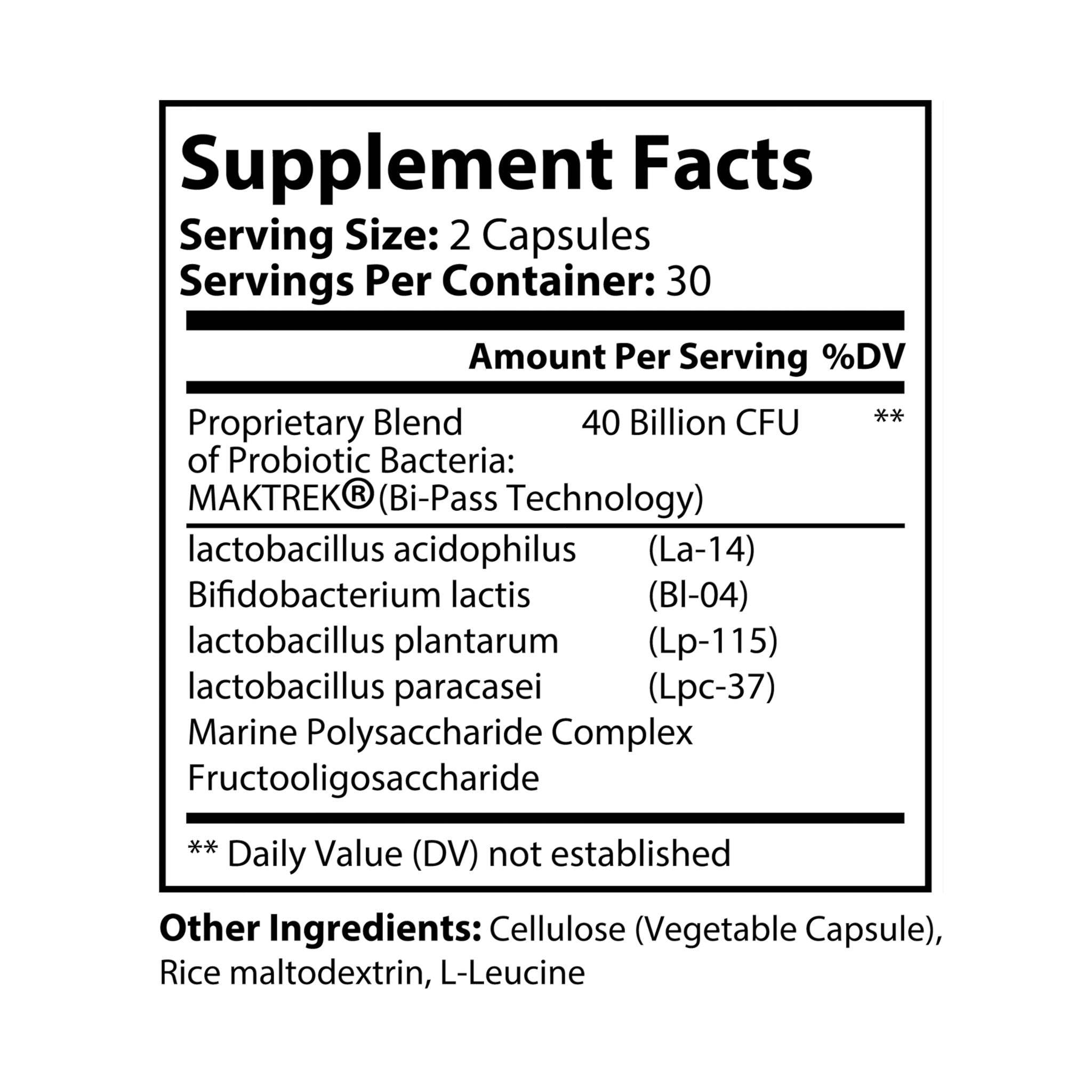 Supplement facts label showing ingredients and serving size for BioFlora probiotic capsules by Printify