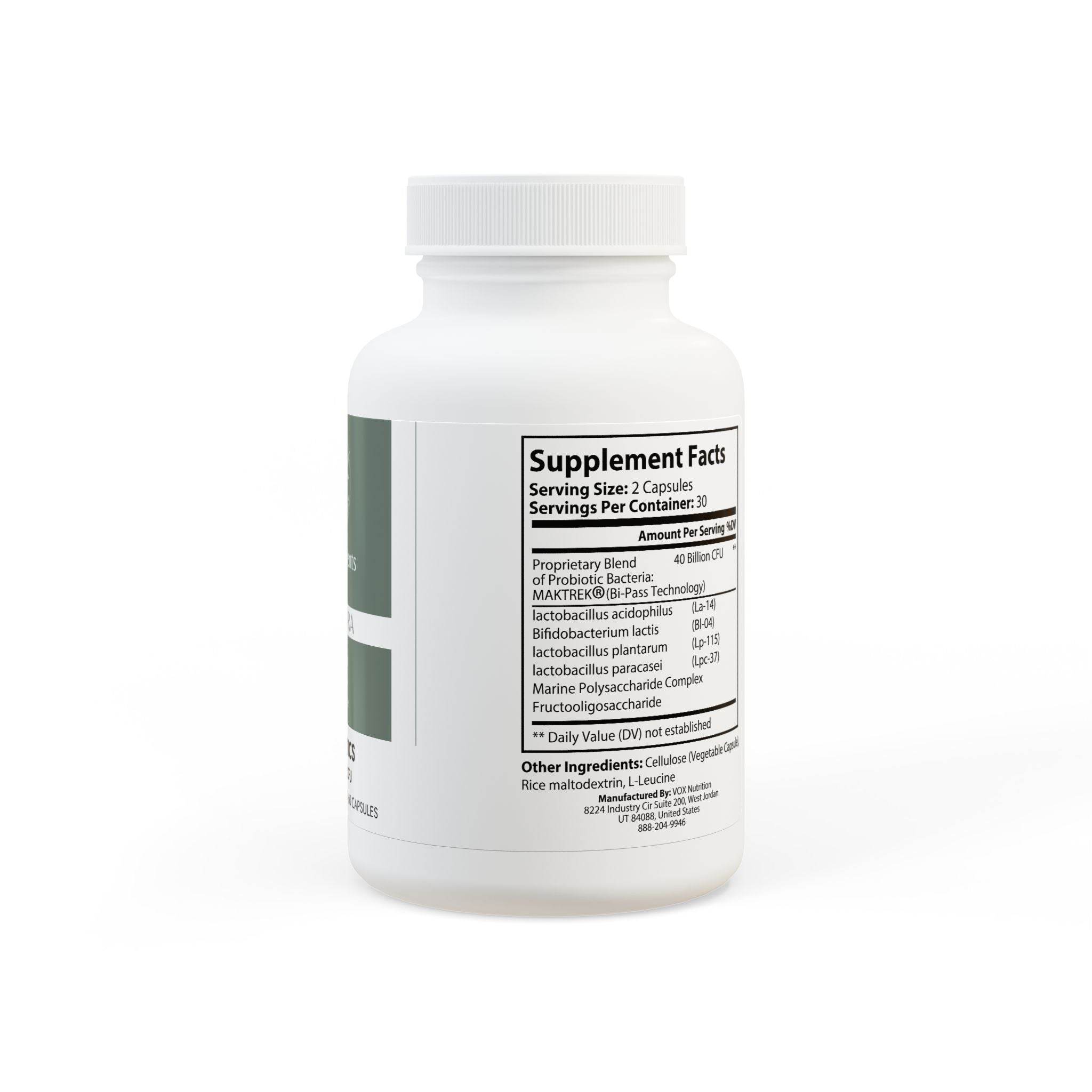Bottle of Printify BioFlora probiotic capsules showing supplement facts label with probiotic blend details