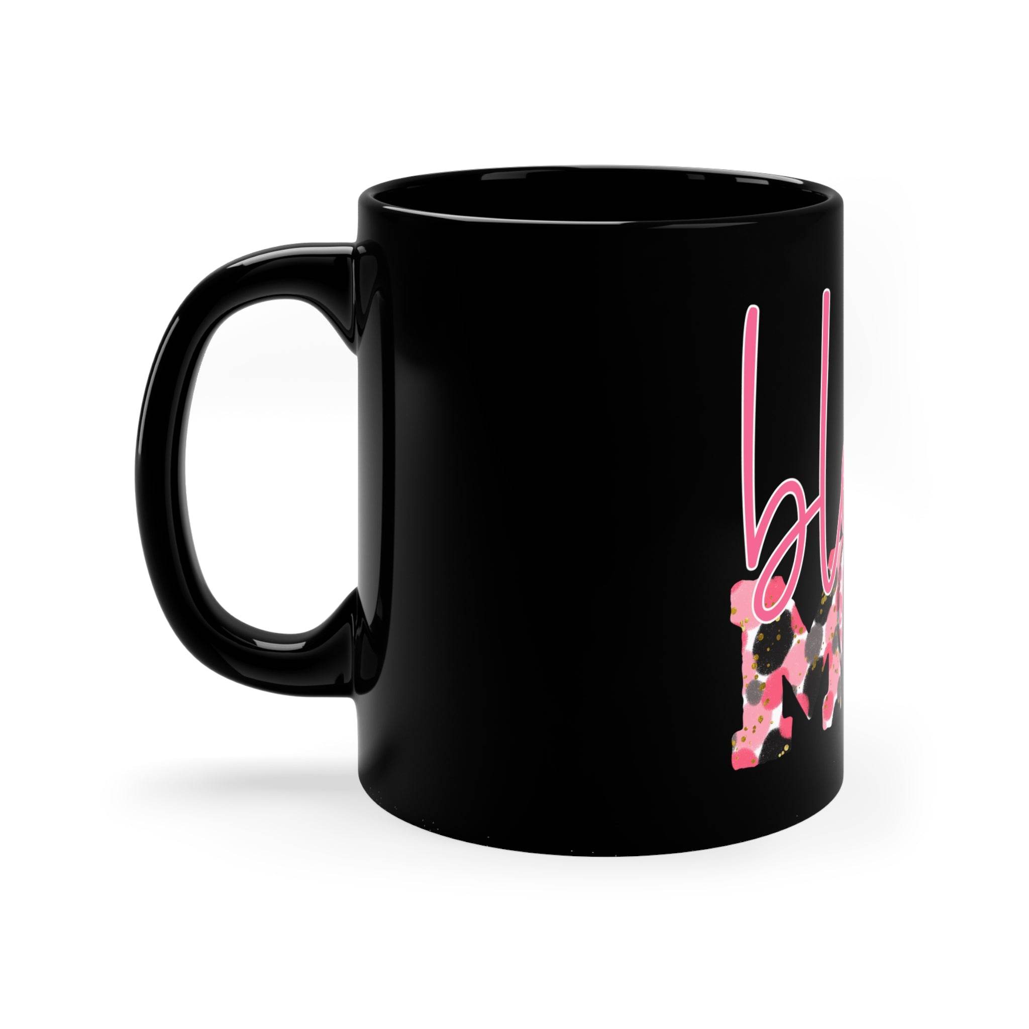 Black eco-friendly mom coffee mug with pink floral lettering by Printify