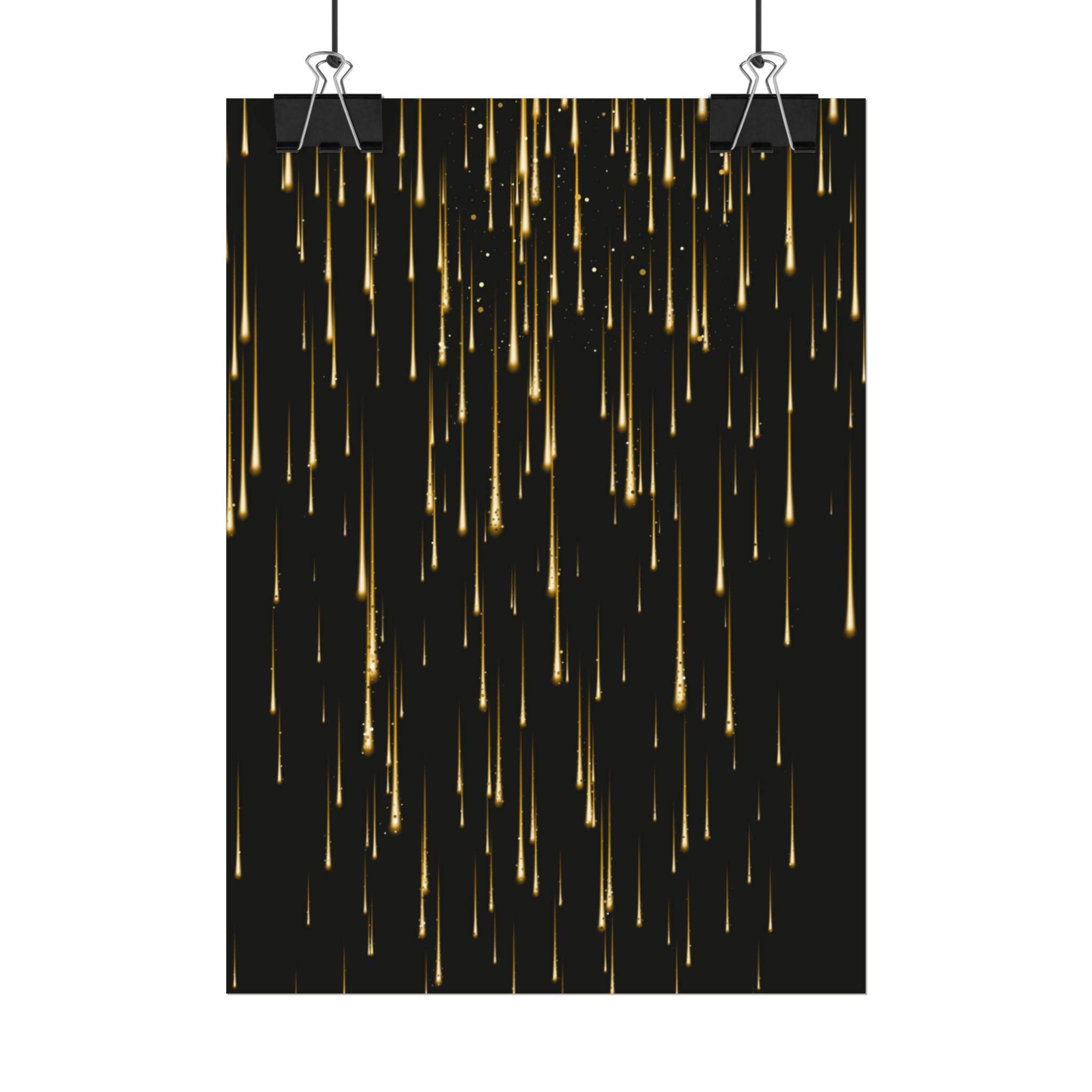 Printify sustainable rolled posters featuring black background with falling golden light streaks design