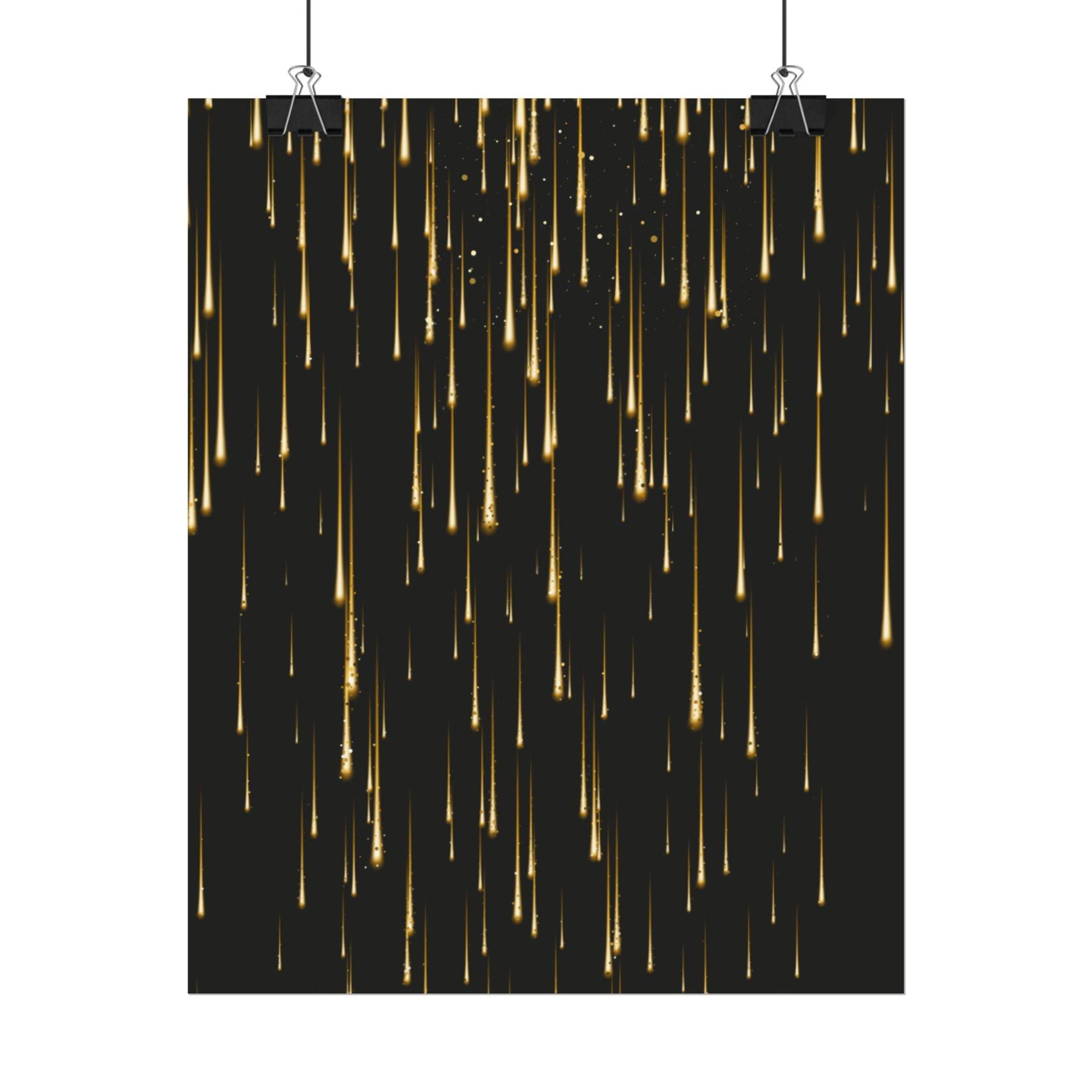 Black poster featuring falling gold streaks hanging with clips sustainable rolled posters Printify