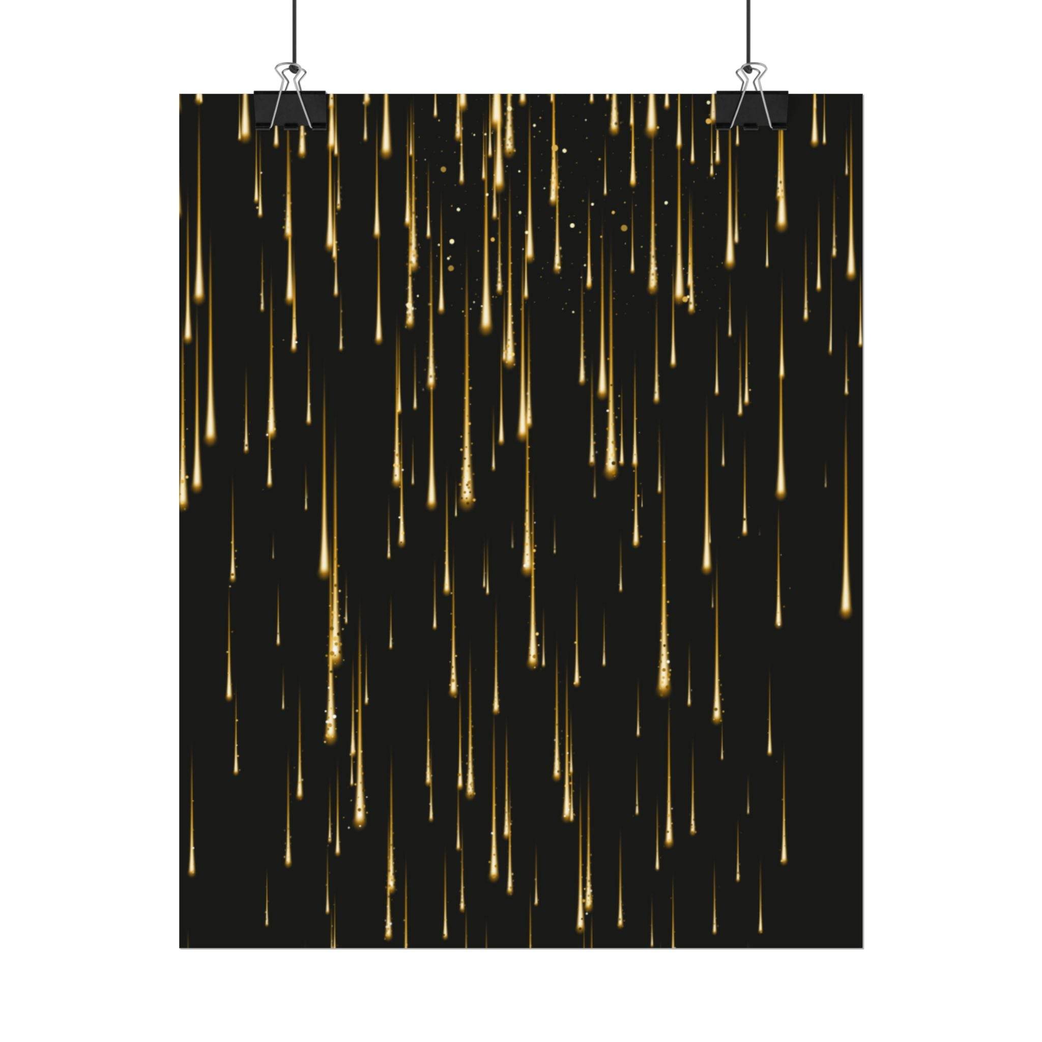 Black poster with golden streaks resembling falling light drops printed on sustainable rolled posters by Printify