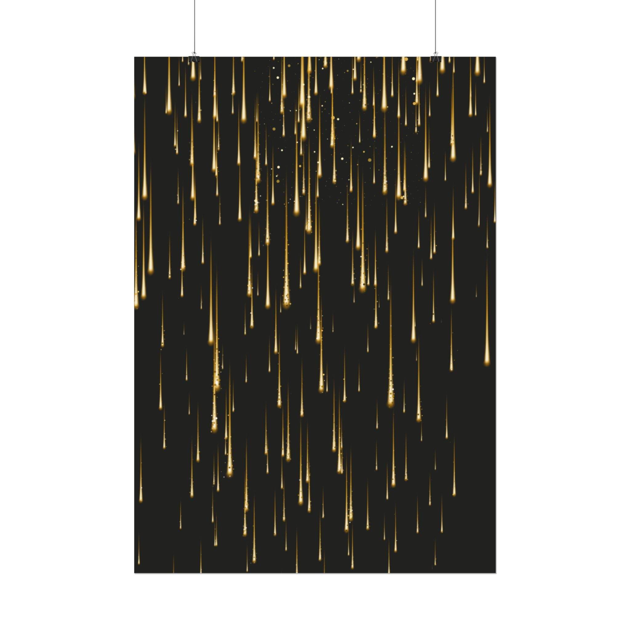Black poster with gold streaks design hanging, sustainable rolled posters by Printify