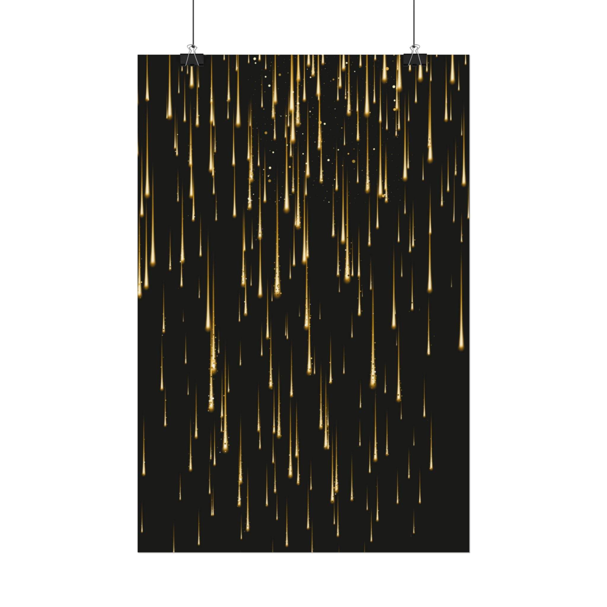 Black poster with gold streaks hanging on clips, sustainable rolled posters by Printify
