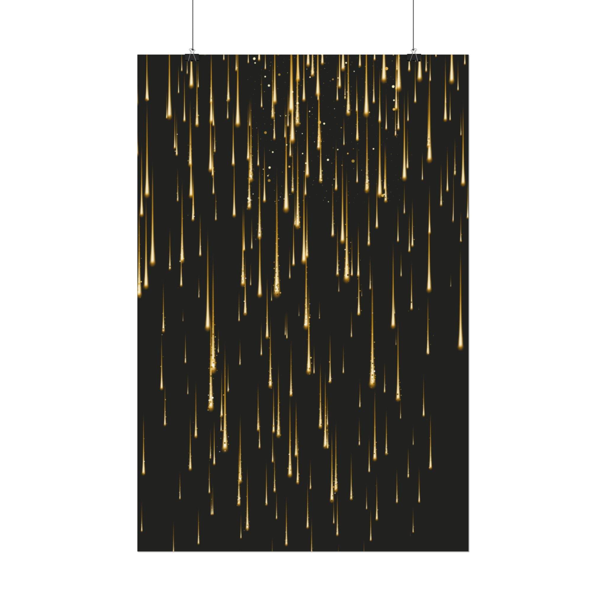 Printify sustainable rolled posters featuring gold falling light streaks on black background