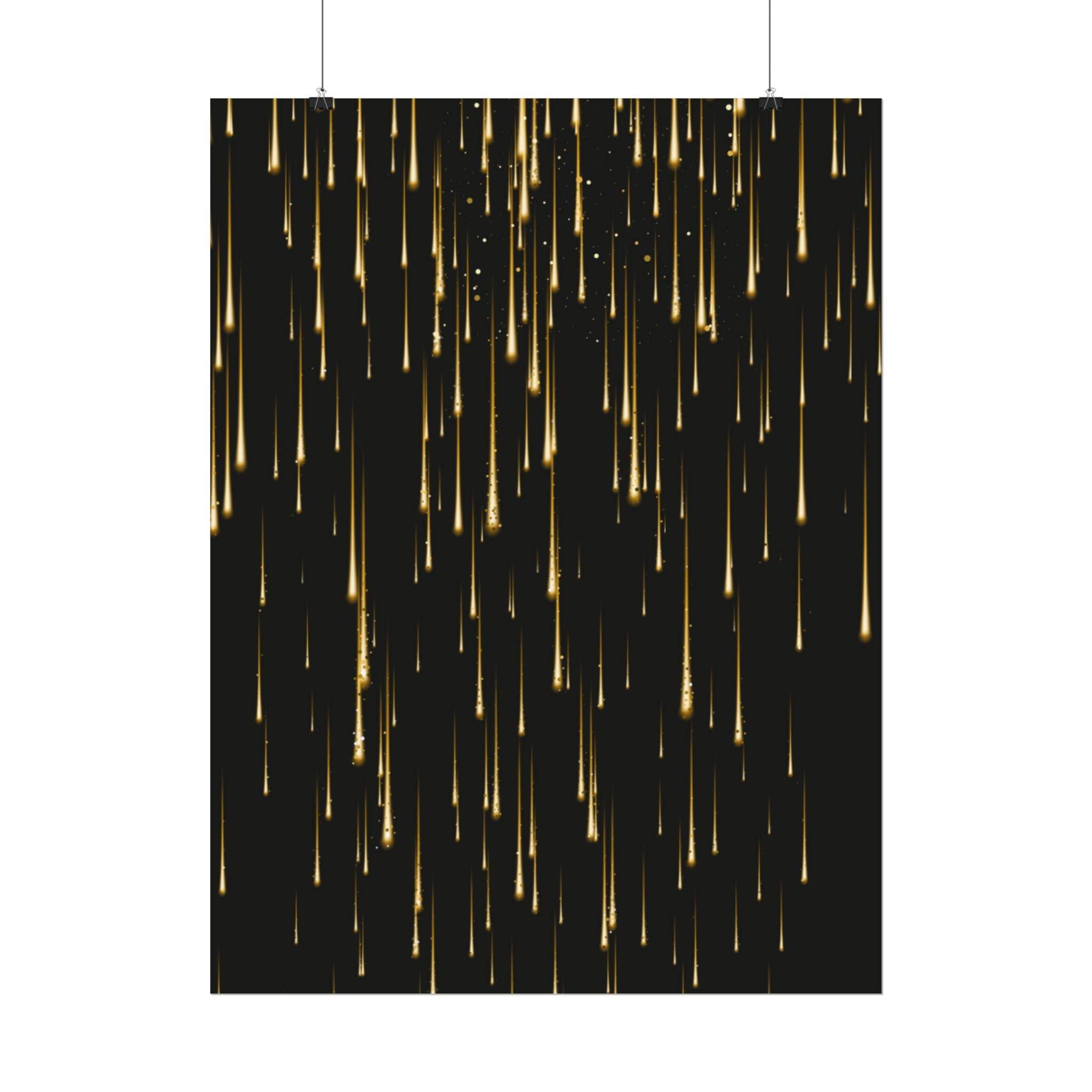 Printify sustainable rolled posters featuring abstract golden streaks on a black background wall art