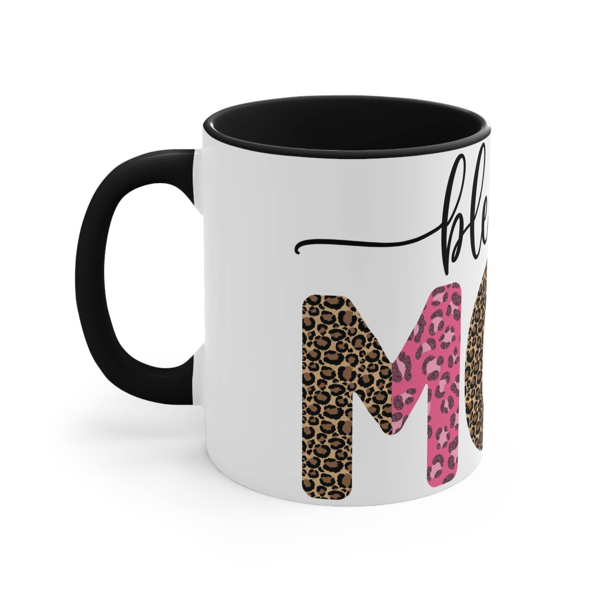 Printify blessed mom coffee cup with leopard print and pink patterned letters on white black-rimmed mug