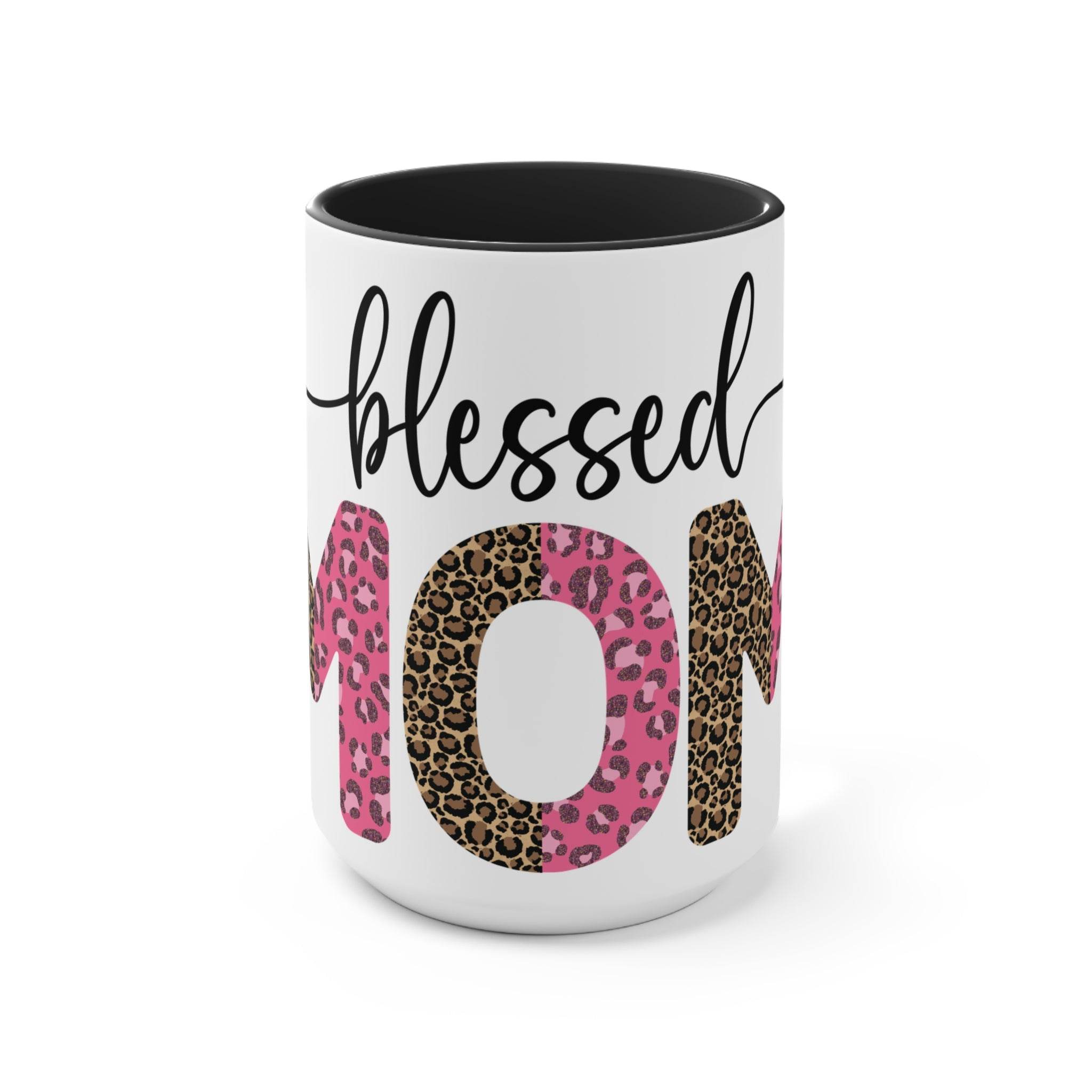 Printify blessed mom coffee cup with pink and leopard print design and black interior