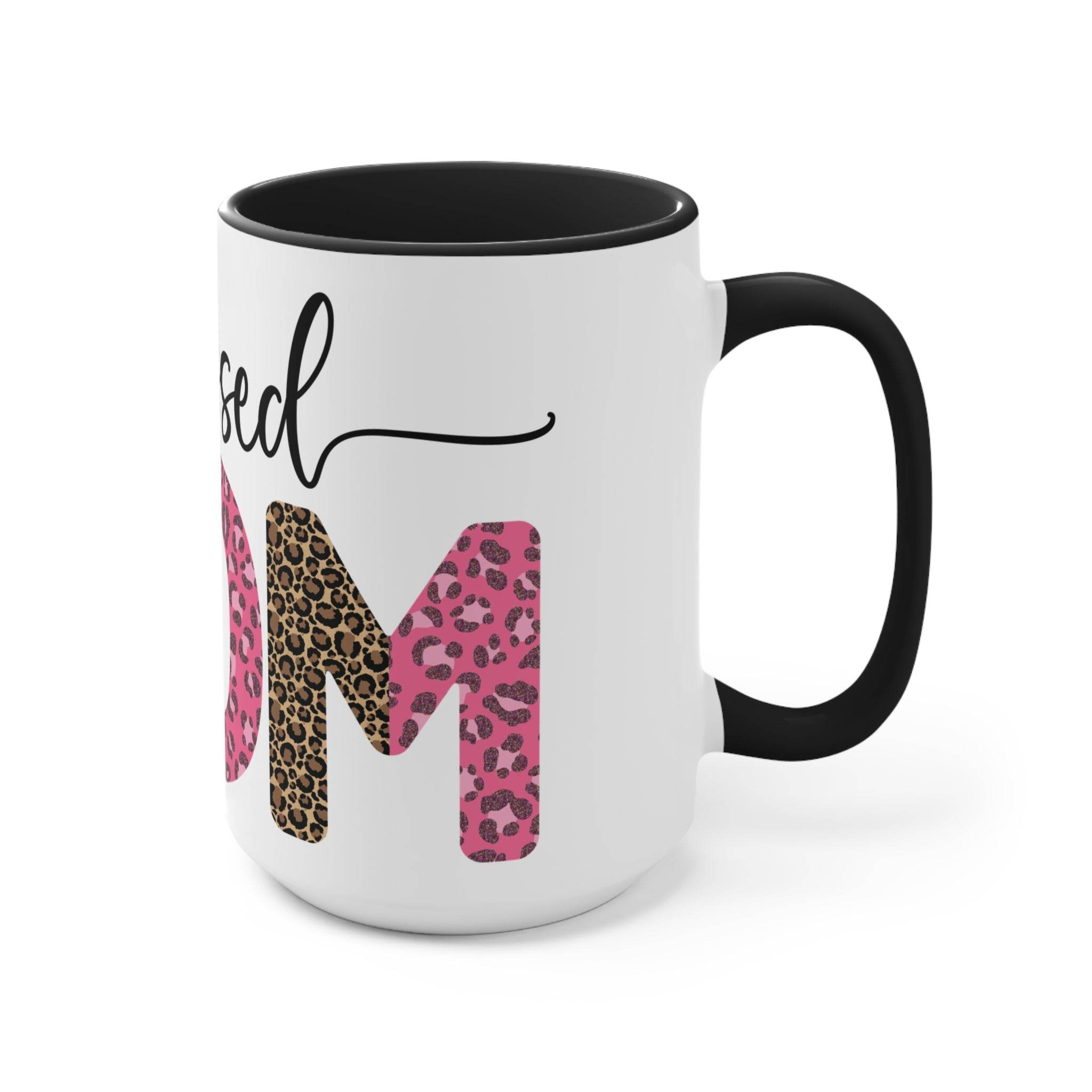 Printify white ceramic blessed mom coffee cup with black handle and leopard print letters