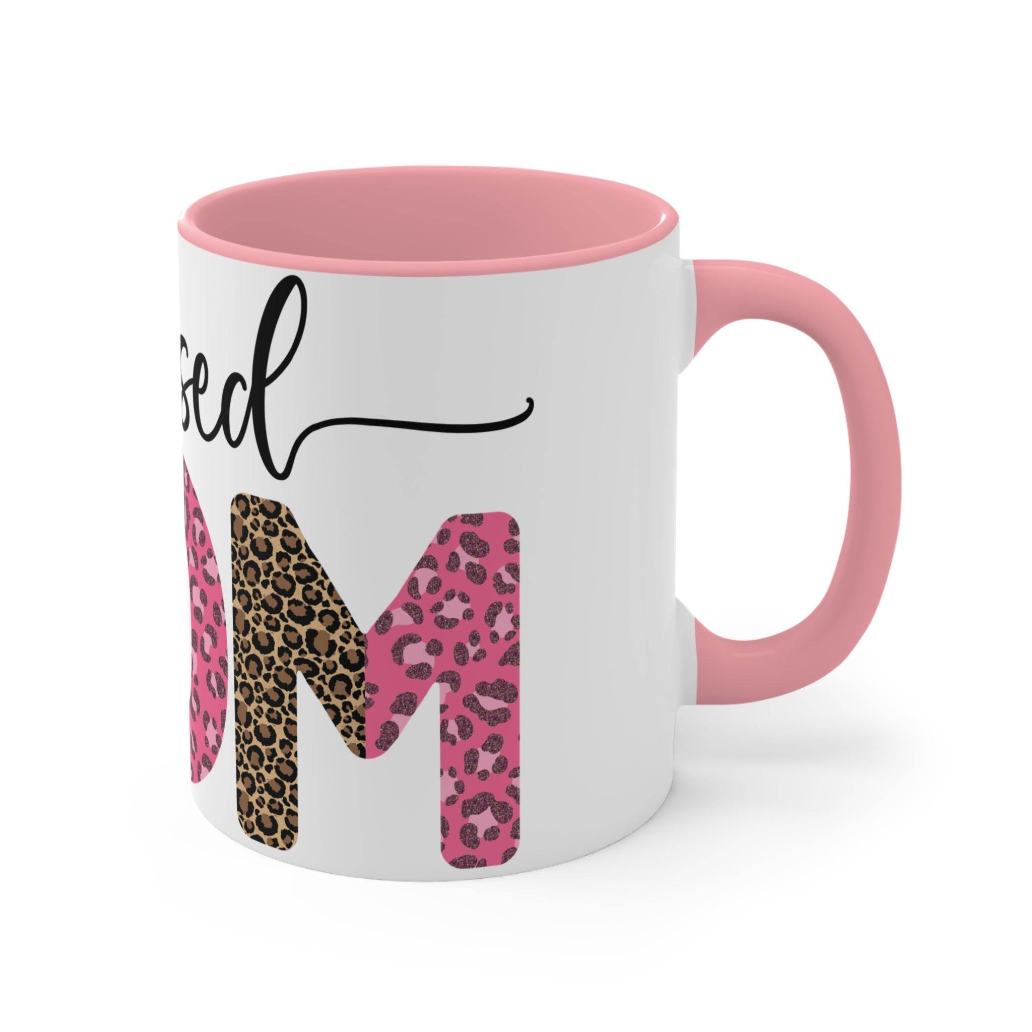Printify blessed mom coffee cup with pink interior and handle featuring leopard print design