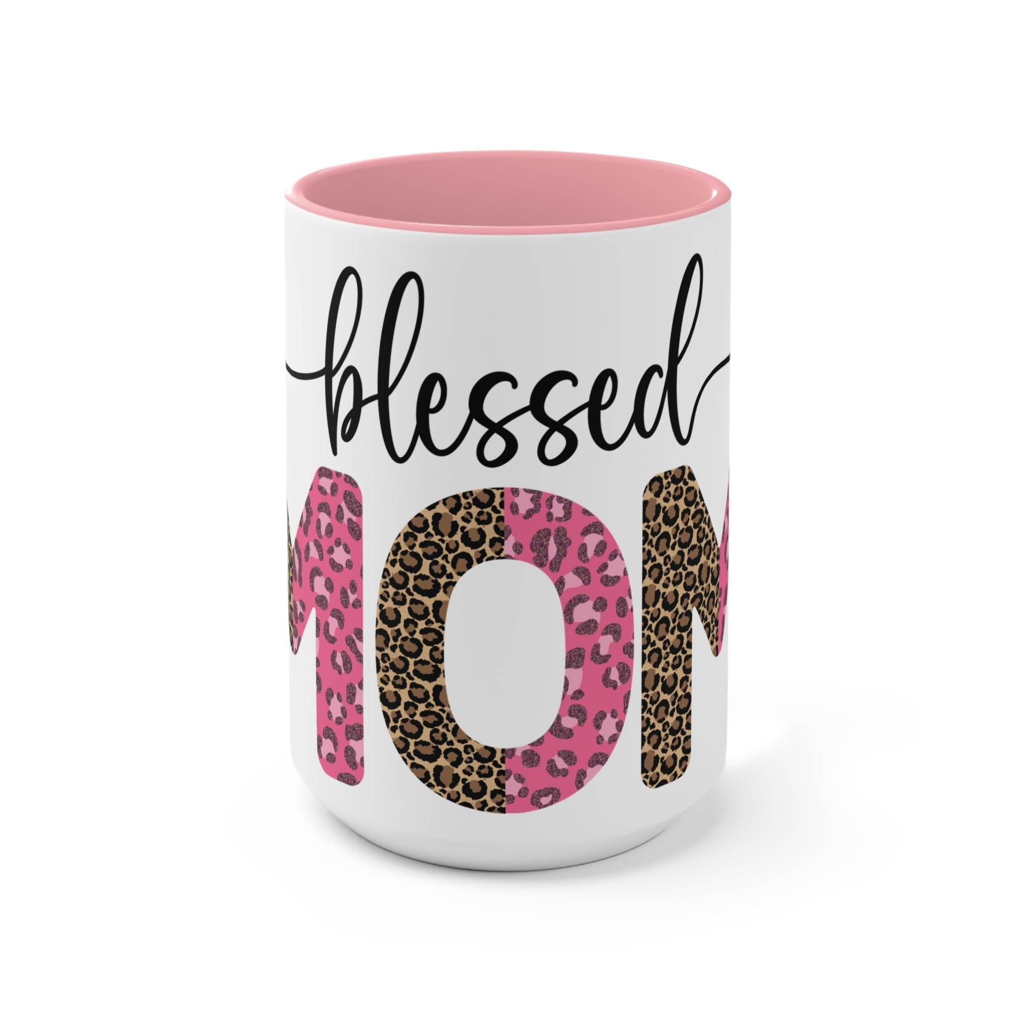 Printify blessed mom coffee cup with pink and leopard print design and pink interior