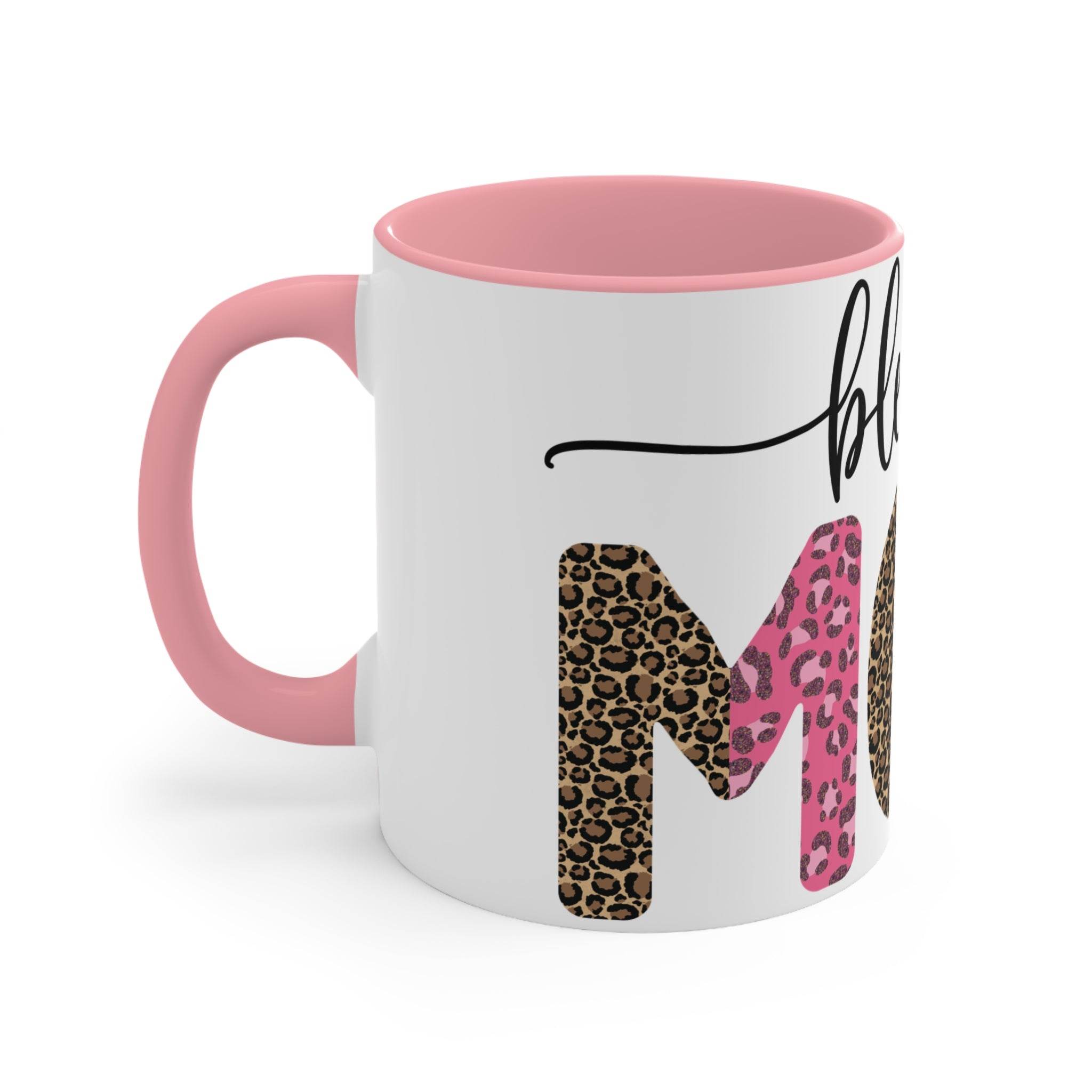 Printify blessed mom coffee cup with pink handle and leopard print design on white mug