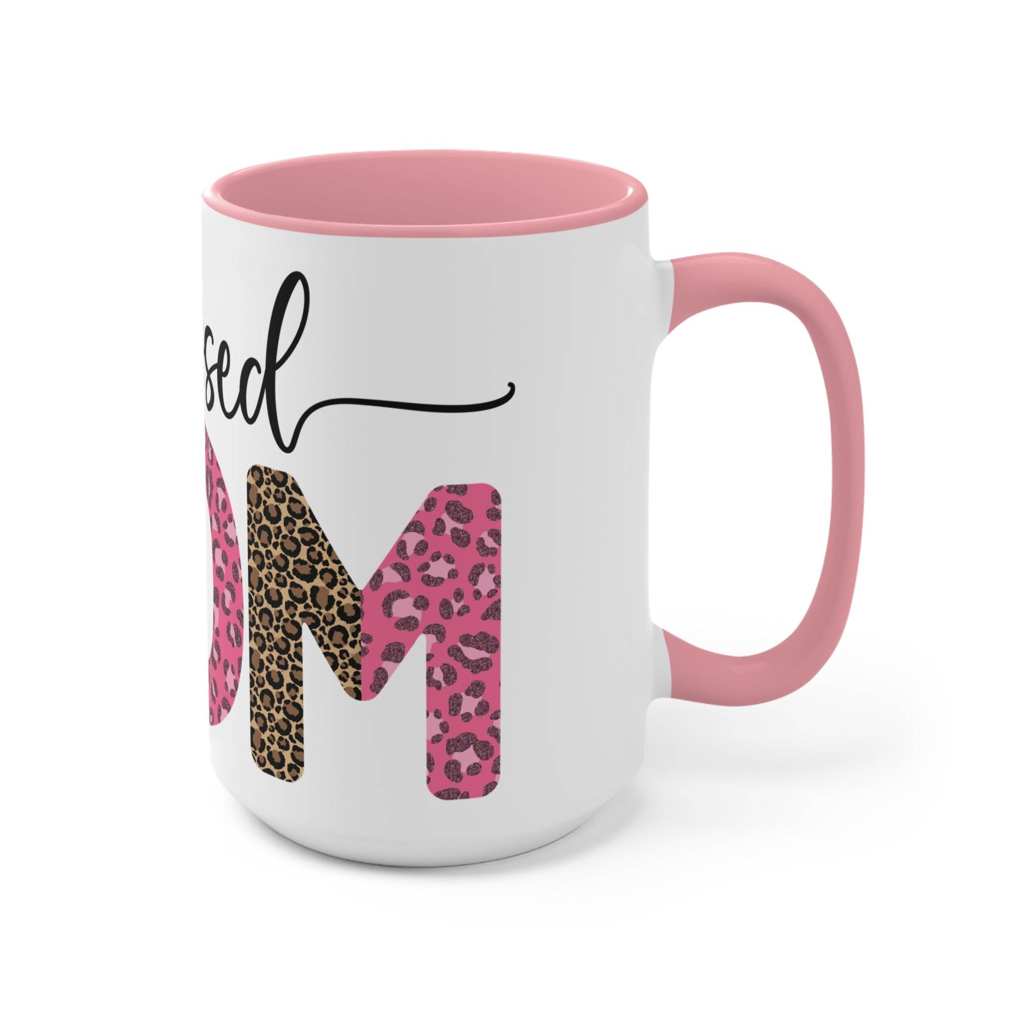 Printify blessed mom coffee cup with pink handle and leopard print design on white ceramic mug
