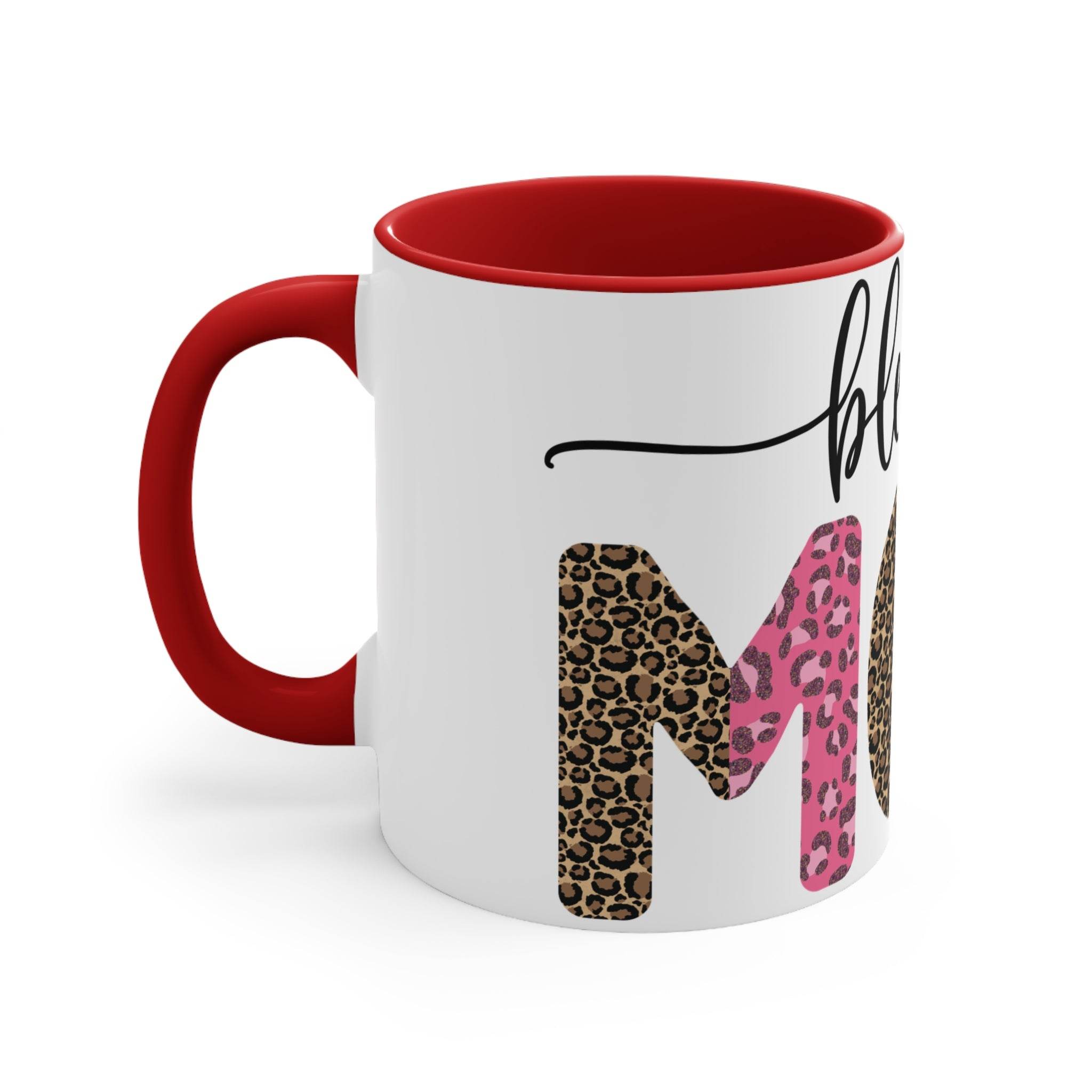 Printify white mug with red handle and interior featuring stylish leopard print blessed mom coffee cup design