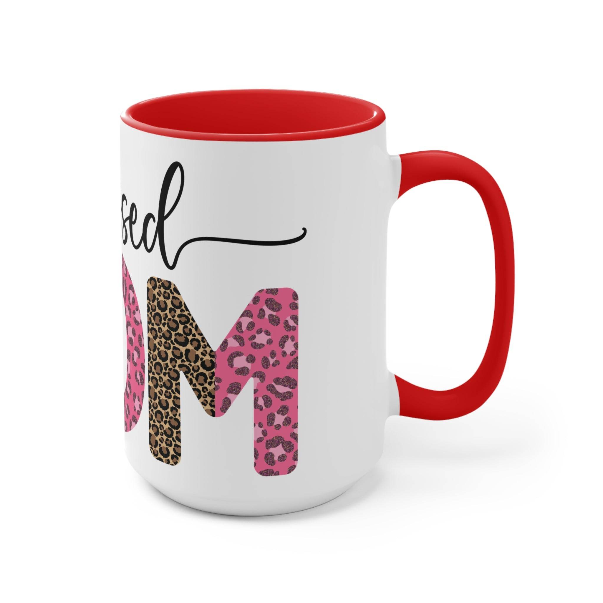Printify white mug with red handle and interior featuring blessed mom coffee cup text with leopard print letters