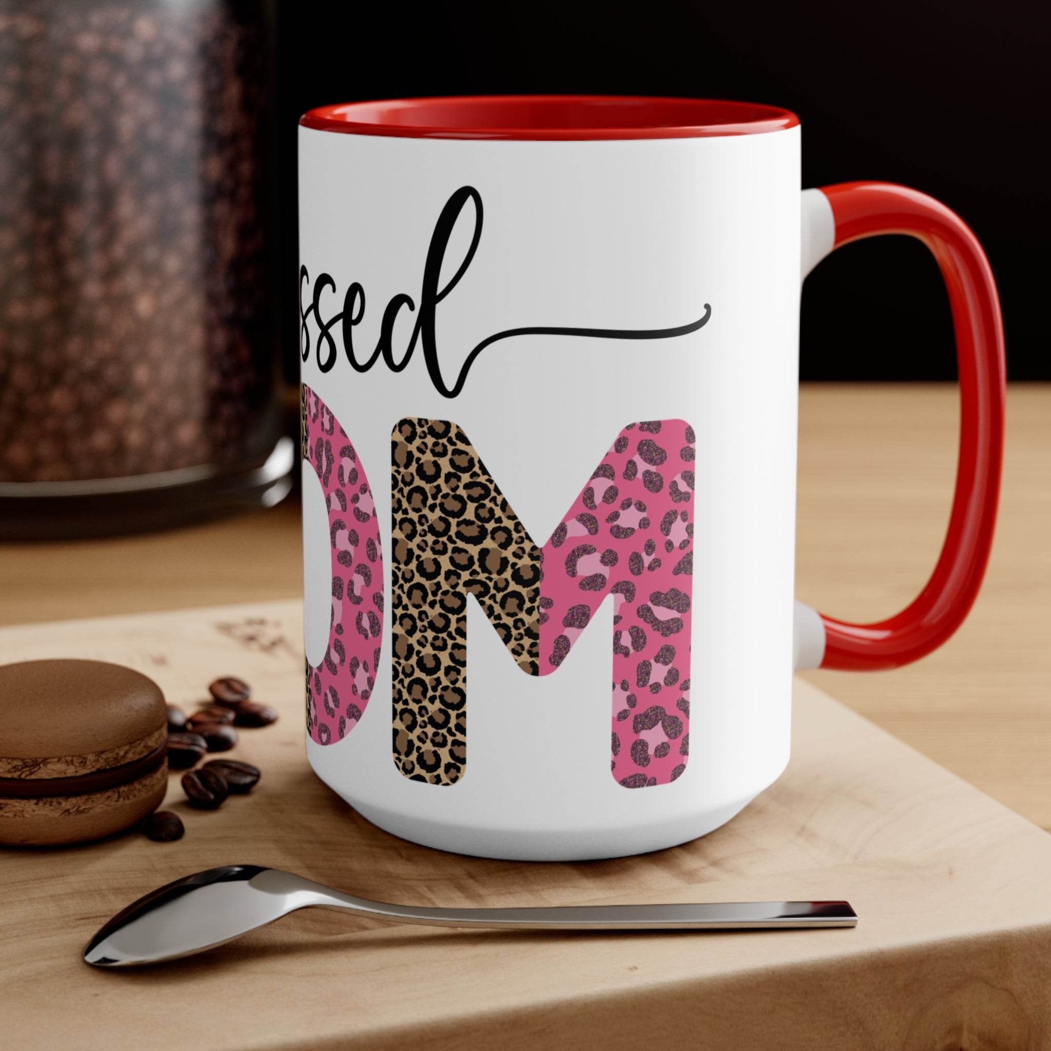Printify white ceramic blessed mom coffee cup with red handle and leopard print design