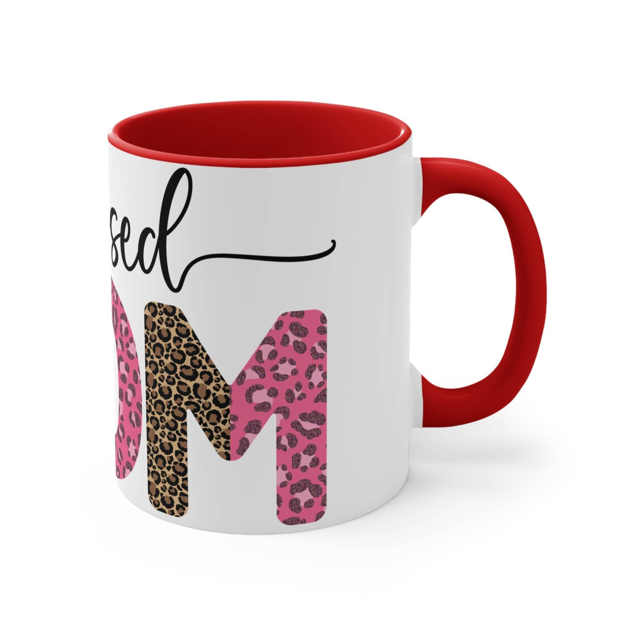 Printify blessed mom coffee cup with red handle and interior featuring leopard print design