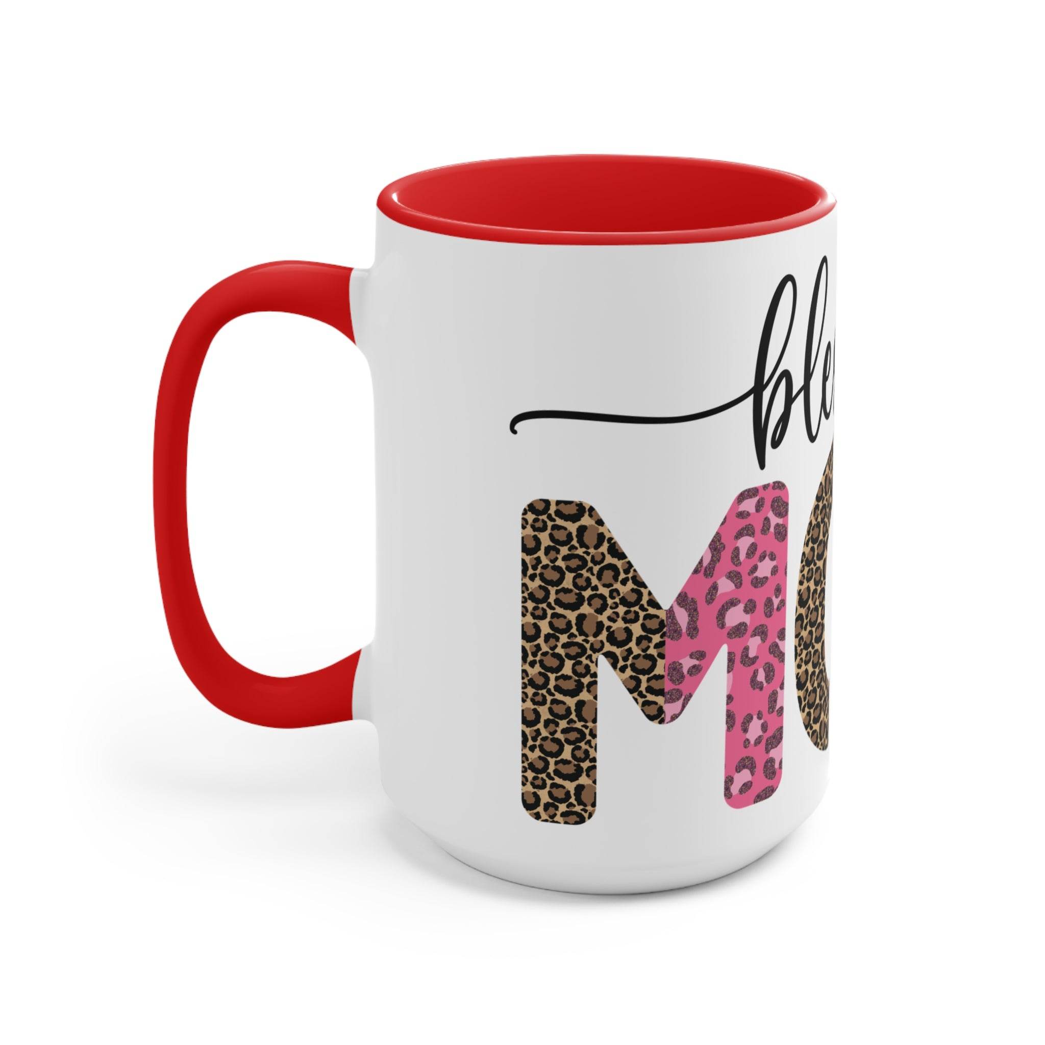 Printify blessed mom coffee cup with red handle and interior featuring leopard print letters