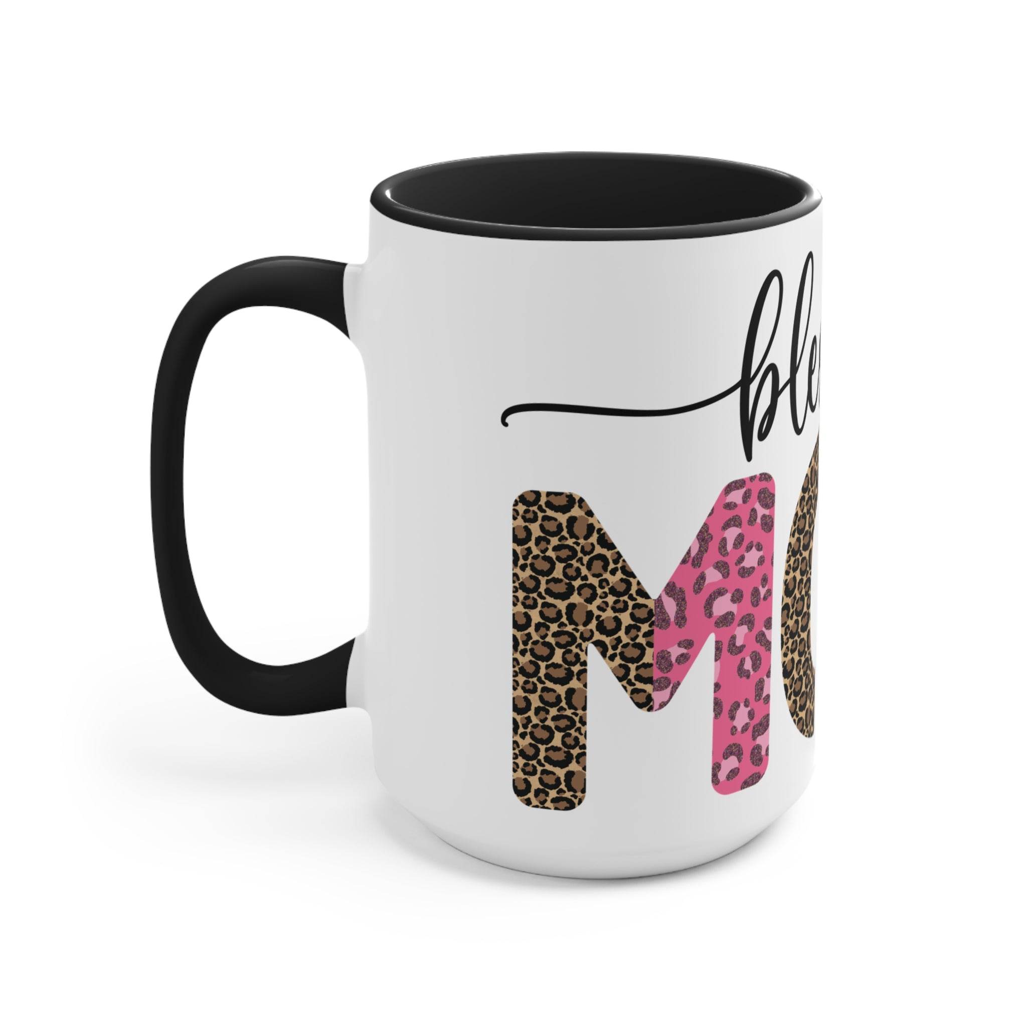 Printify white ceramic mug with black handle and rim featuring blessed mom coffee cup design with leopard print letters