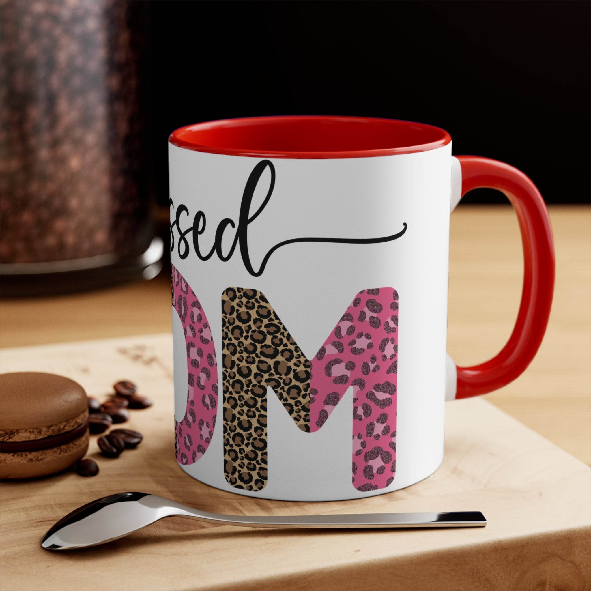 Printify blessed mom coffee cup with leopard print design and red handle and interior