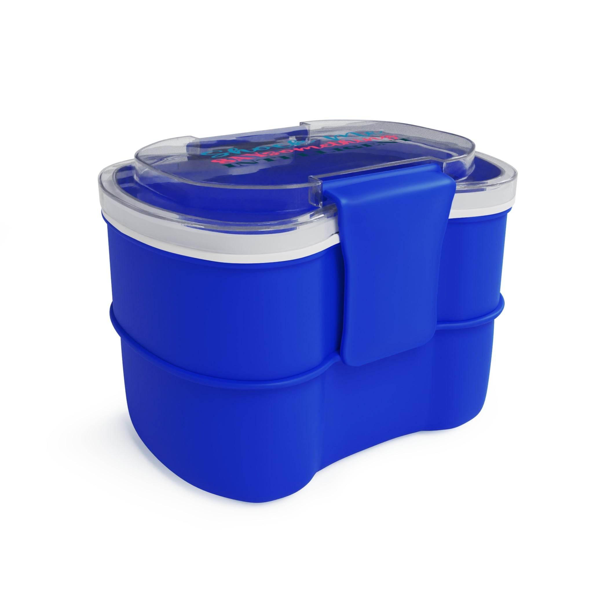 Blue Printify reusable lunch container with clear lid and secure locking clip for kitchen use