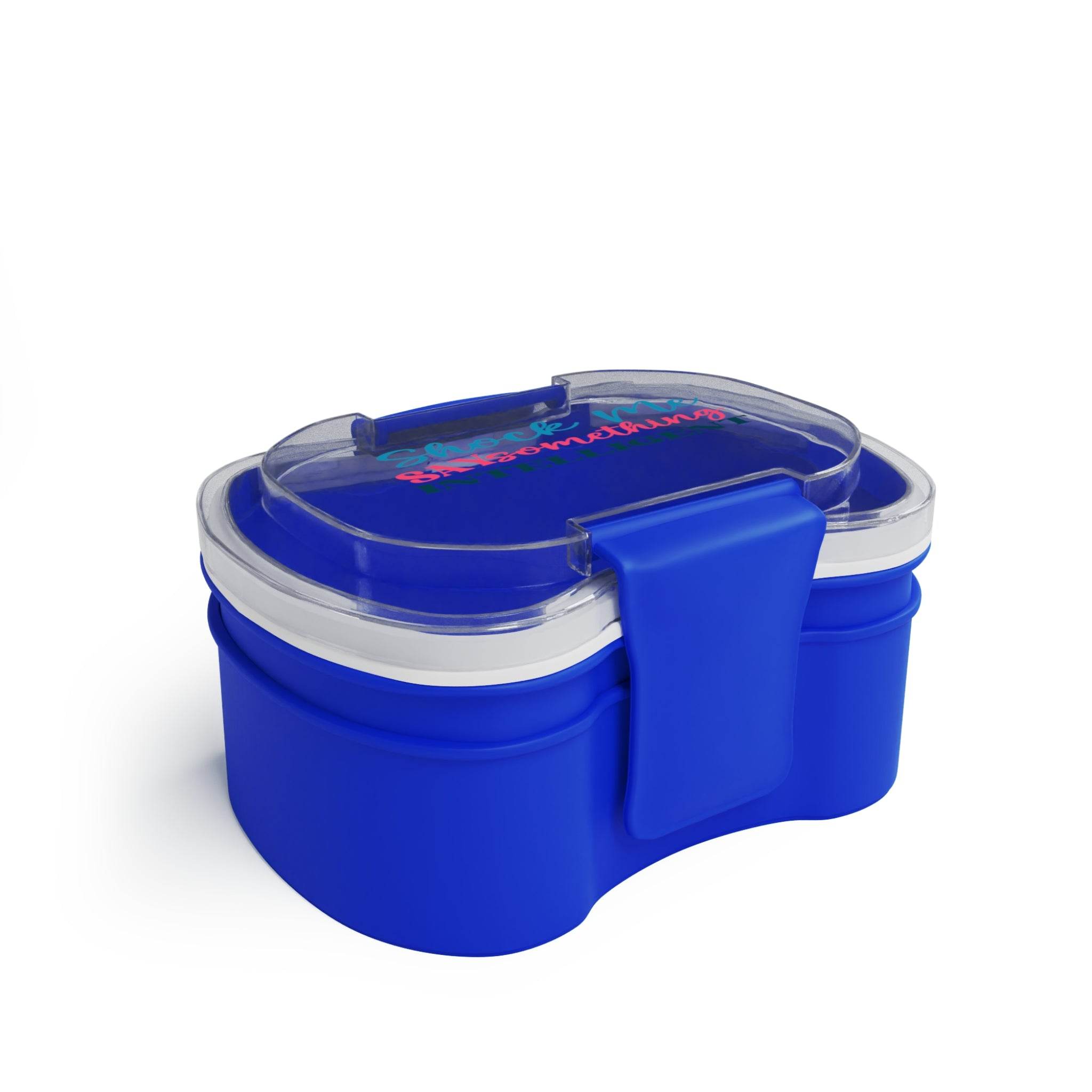 Blue reusable lunch container with clear lid and secure latch for easy storage and transport